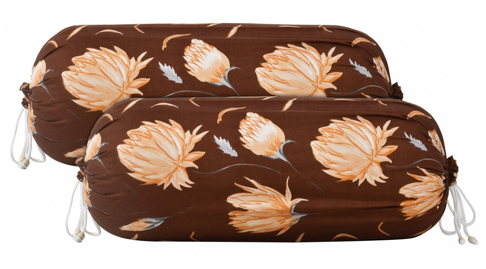 Kuber Industries Flower Printed Cotton Bolster Cover- 16&quot;x32&quot; (Brown)-44KM0135