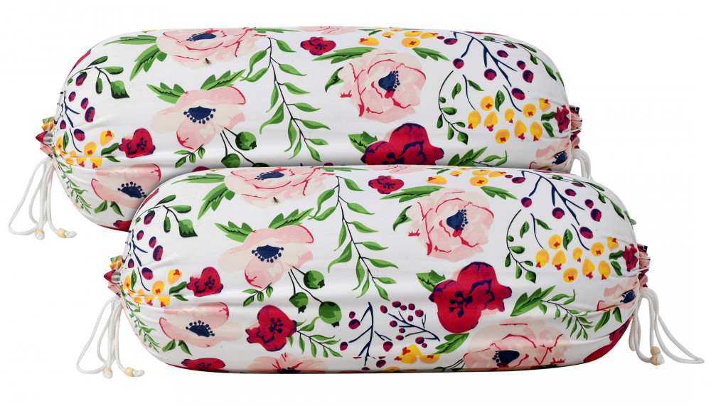 Kuber Industries Flower Printed Cotton Bolster Cover-16&quot;x32&quot; (White &amp; Pink)-44KM0129