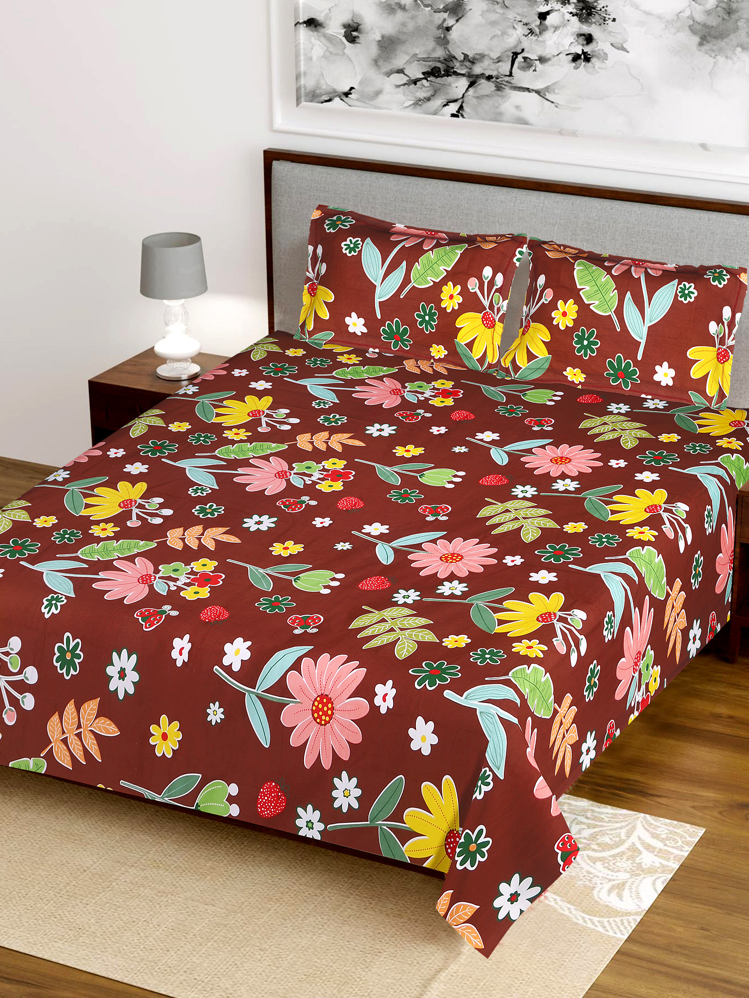 Kuber Industries Flower Printed Luxurious Soft Breathable & Comfortable Cotton Double Bedsheet With 2 Pillow Covers (Walnut)-HS43KUBMART26827