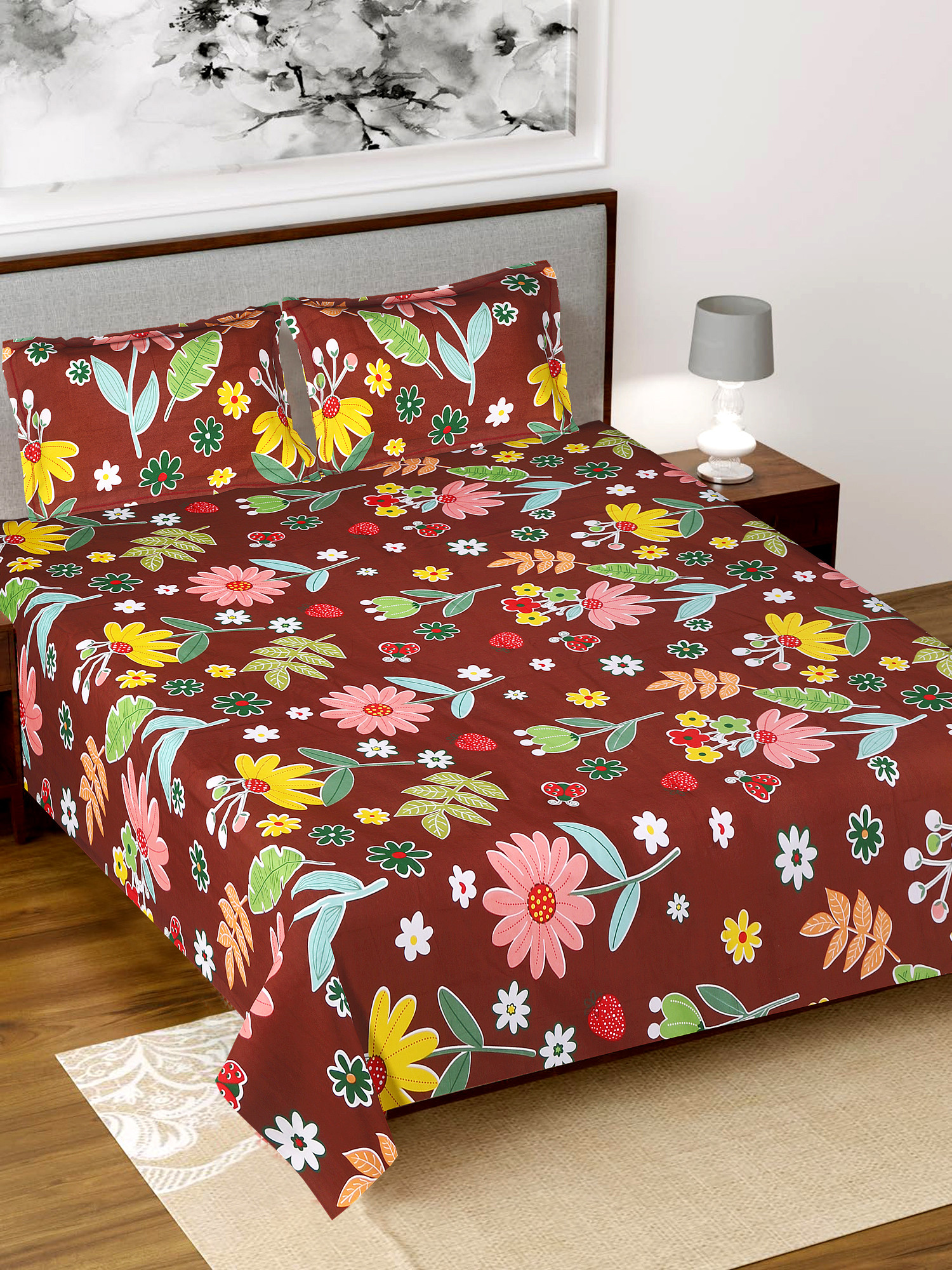 Kuber Industries Flower Printed Luxurious Soft Breathable & Comfortable Cotton Double Bedsheet With 2 Pillow Covers (Walnut)-HS43KUBMART26827