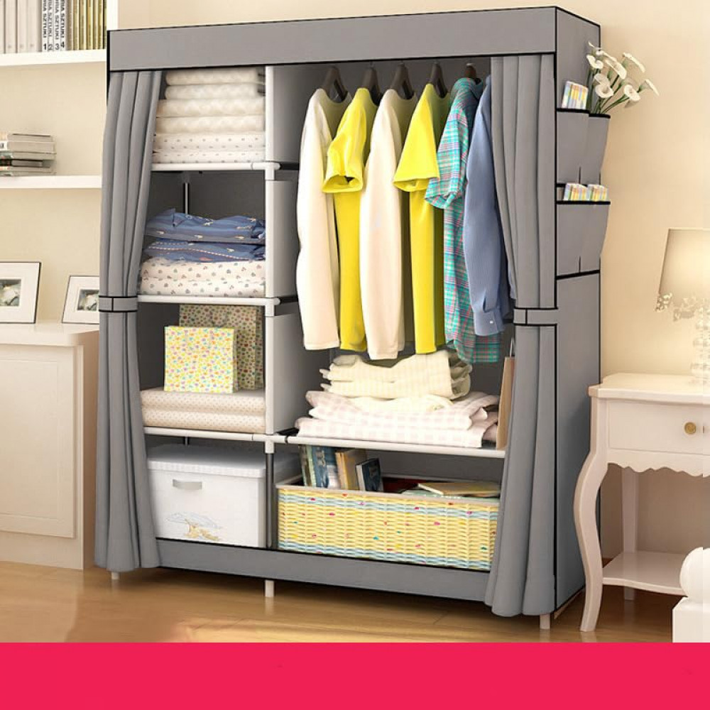 Kuber Industries Foldable Wardrobe for Clothes|Non Woven 2 Door Portable Clothes Rack|4 Shelves Almirah for Clothes (Grey)