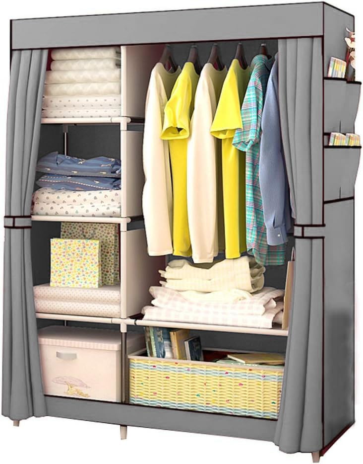 Kuber Industries Foldable Wardrobe for Clothes|Non Woven 2 Door Portable Clothes Rack|4 Shelves Almirah for Clothes (Grey)