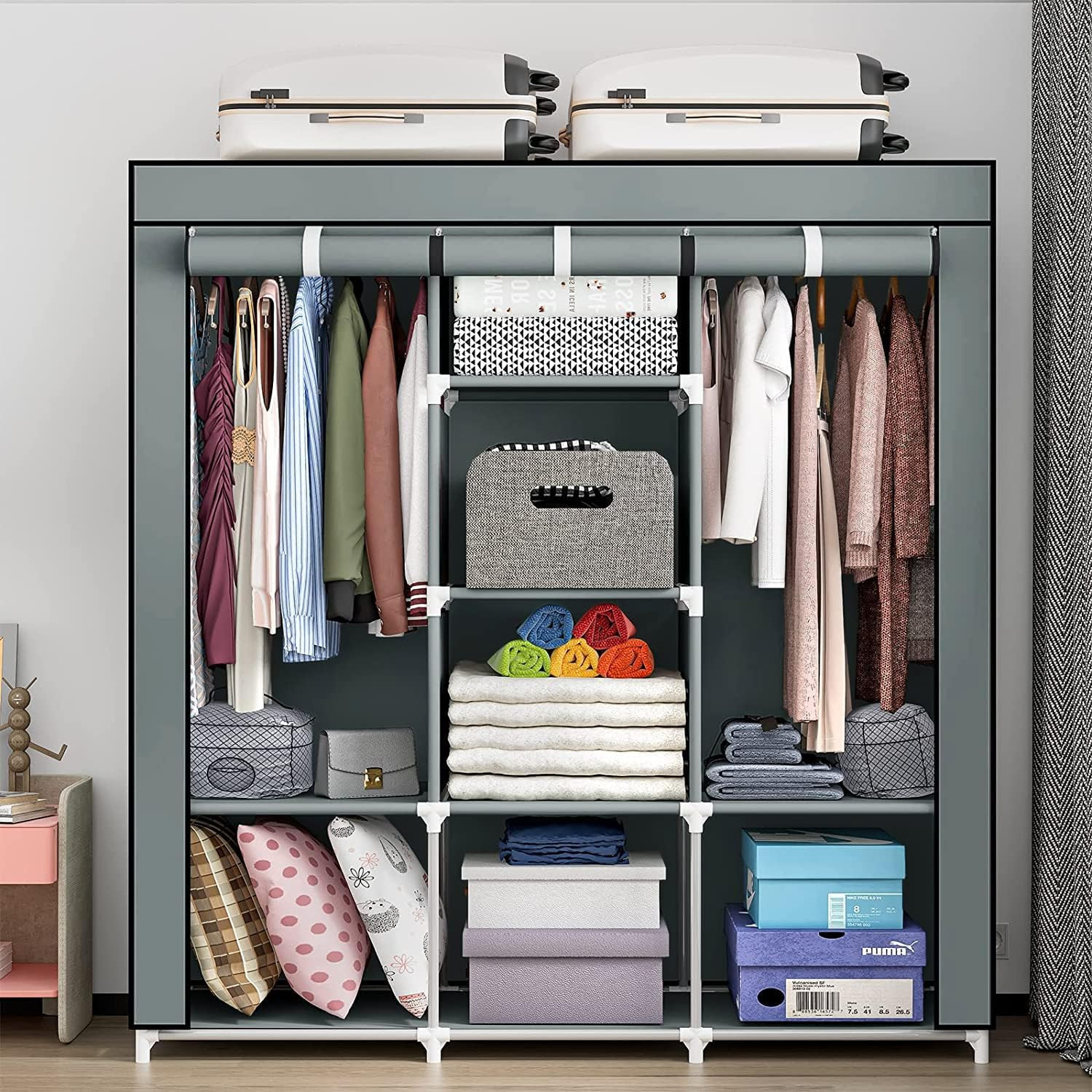 Kuber Industries Foldable Wardrobe for Clothes|Non Woven 2 Door Portable Clothes Rack|6 Shelves Almirah for Clothes (Grey)