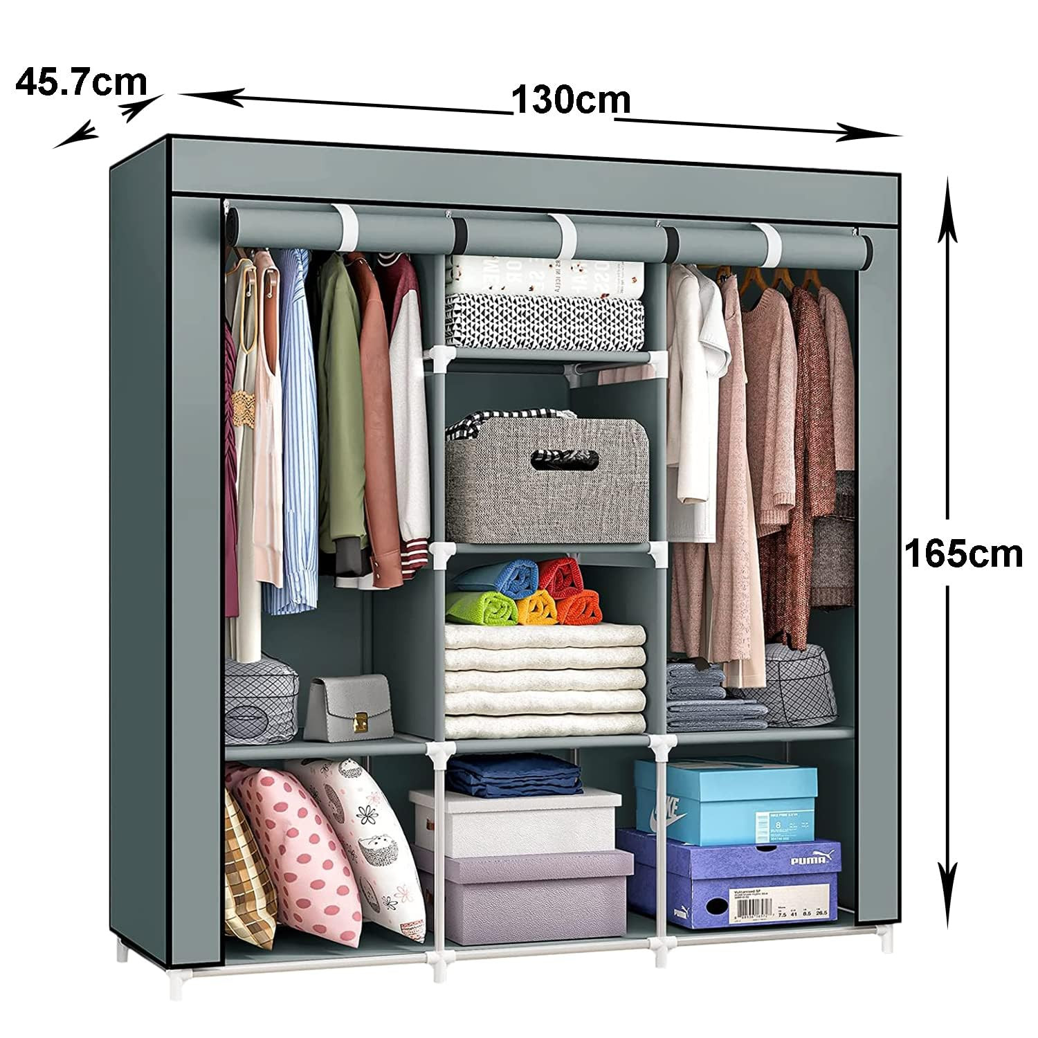 Kuber Industries Foldable Wardrobe for Clothes|Non Woven 2 Door Portable Clothes Rack|6 Shelves Almirah for Clothes (Grey)