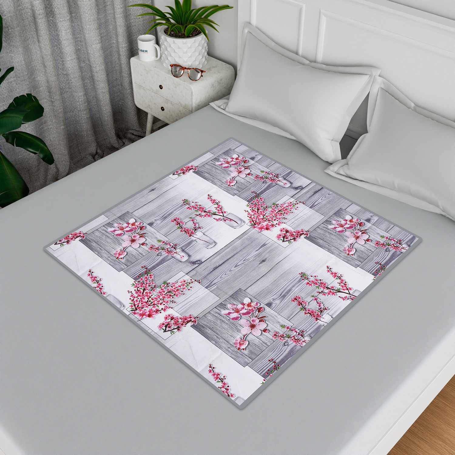 Kuber Industries Food Mat | Bedsheet Protector for Home | Reversible Bed Server Mat | Pink Flower Mattress Protector for Home | Food Mat for Kids | 92 cm | Gray