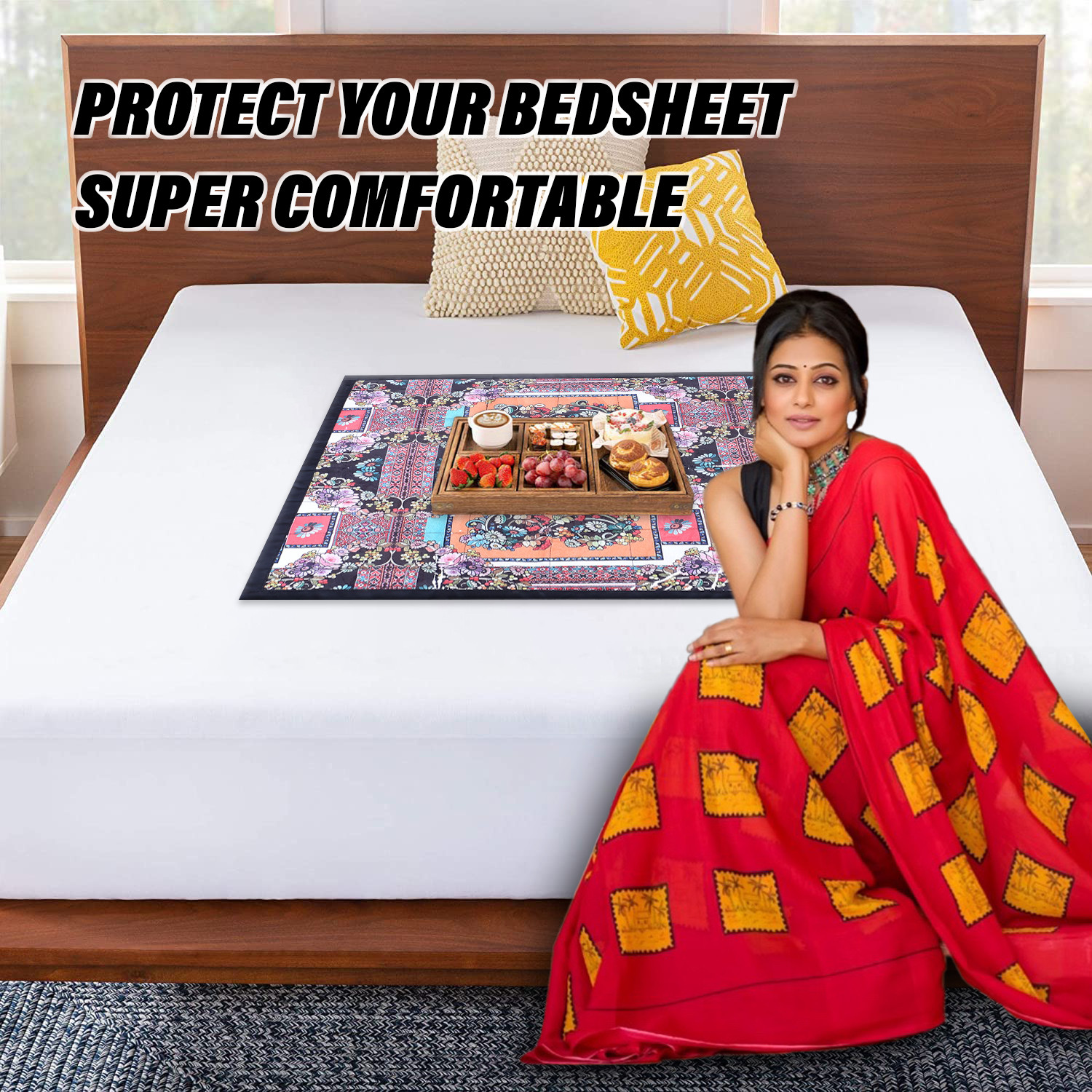 Kuber Industries Food Mat | Digital Flower Print Bed Server | Laminated Bed Protector for Home | Bed Server for Bedsheet | 27 Inch | Black