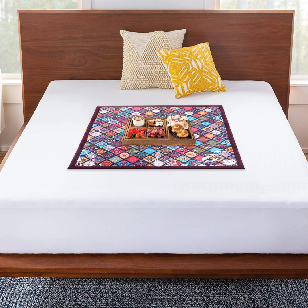 Kuber Industries Food Mat | Digital Rangoli Print Bed Server | Square Laminated Bed Protector for Home | Bed Server for Bedsheet | 27 Inch | Maroon