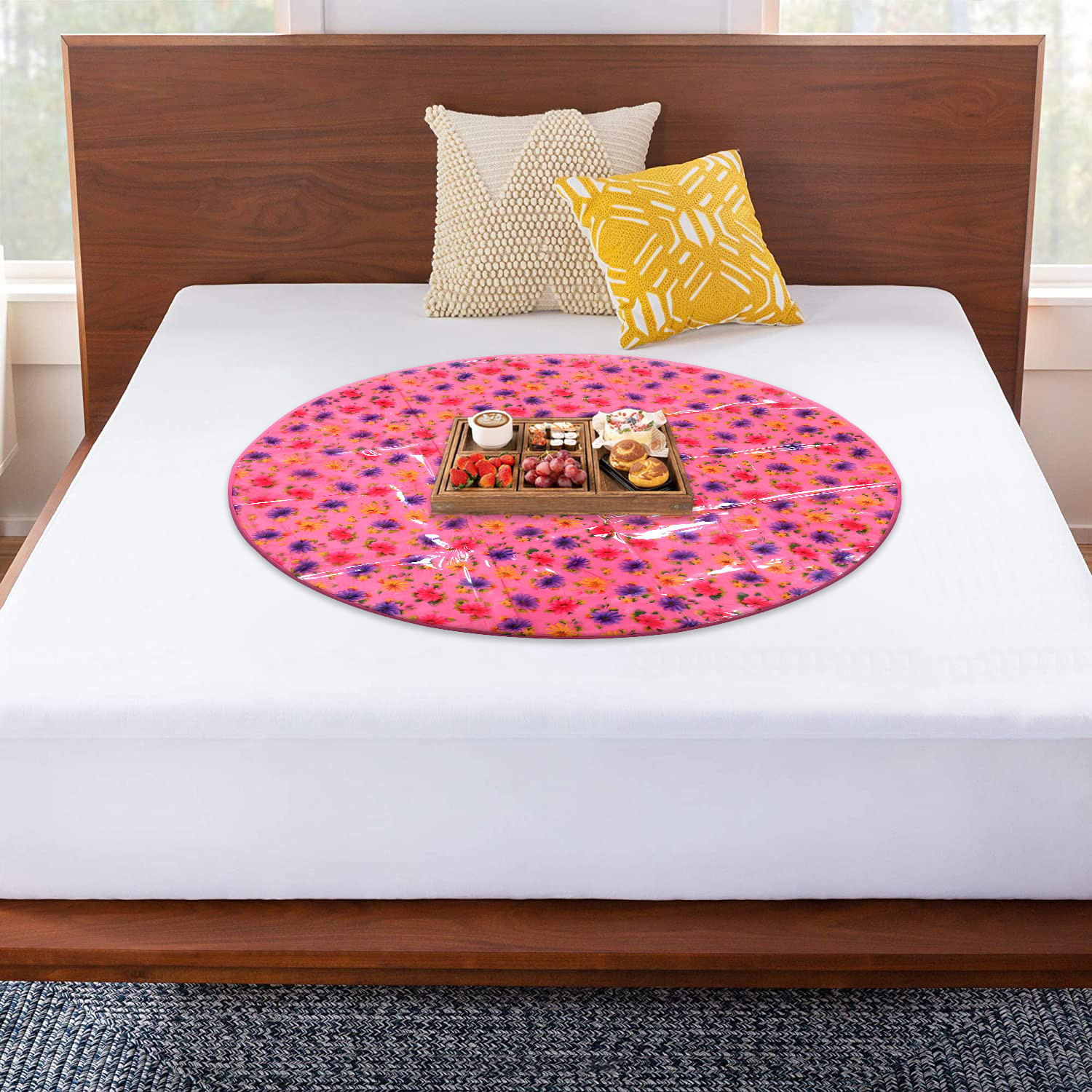 Kuber Industries Food Mat | Floral Design Satin Bed Server | Round Table Placemat | Waterproof Bed Server for Bedsheet | 36 Inch | Pink