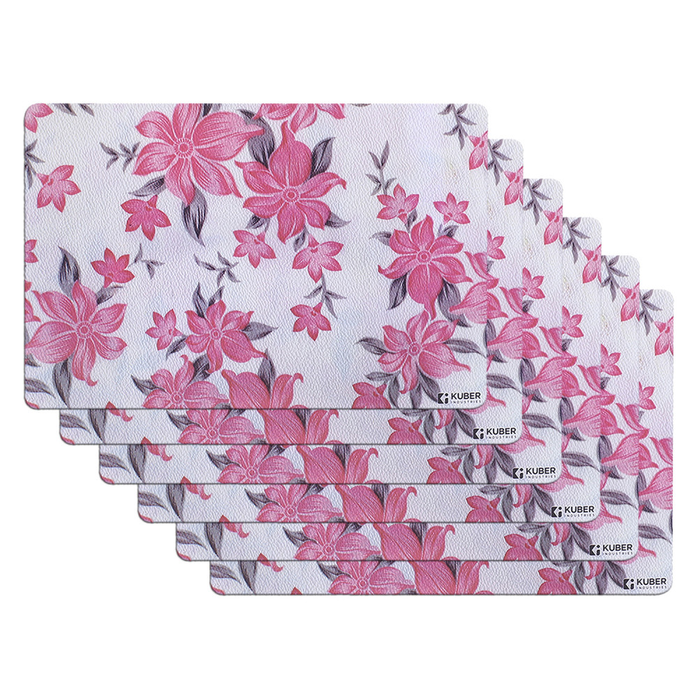 Kuber Industries Fridge Mats | PVC Cream &amp; Pink Flower Print | Fridge Mat for Refrigerator | Fridge Placemats for Kitchen | Set of 6 | Multicolor