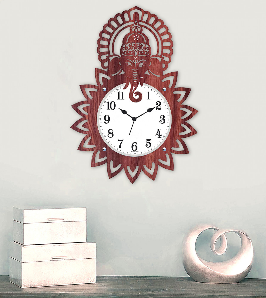 Kuber Industries Ganesh G Design Wooden Wall Clock (Dark Brown)-HS40KUBMART23949