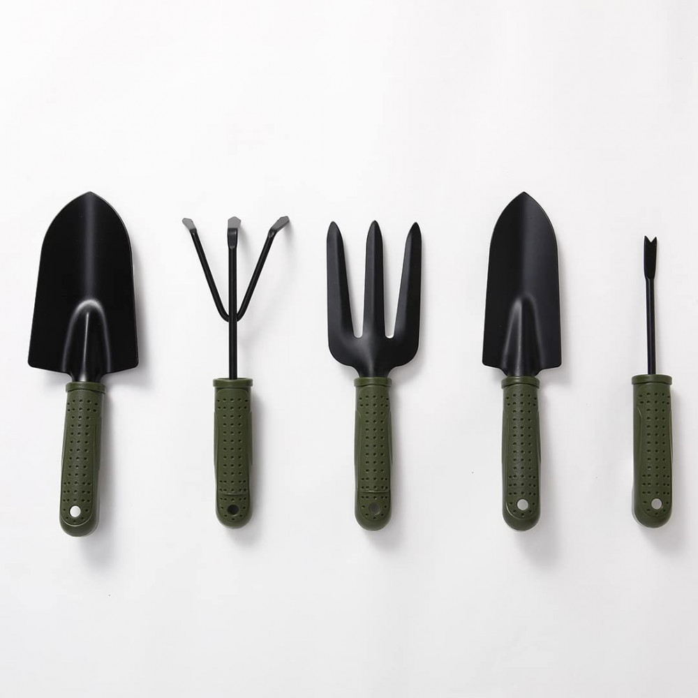 Kuber Industries Garden Tools Set | Small &amp; Big Hand Trowels | Hand Cultivator | Hand Weeder &amp; Fork Carbon Steel| Set of 5 | Green &amp; Black Gardening Equipment | Ergonomic Design