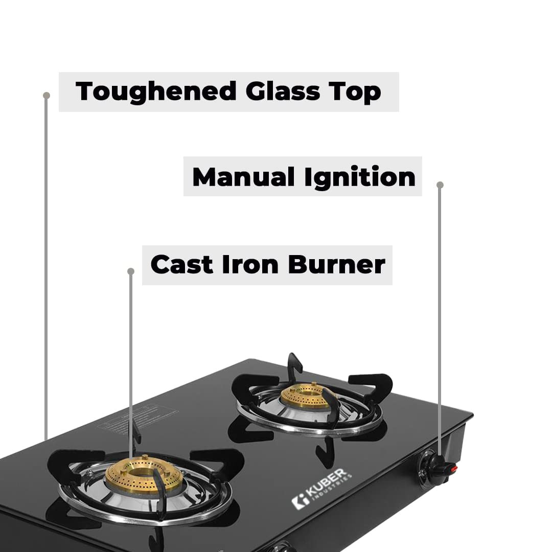 Kuber Industries Gas Stove 2 Burners | Highly Quality Glass Top, Manual Ignition & Cast Iron Burner | Easy to Clean, Wobble Free Pan Support Stand | Break Resistant | Compact & User-Friendly Design