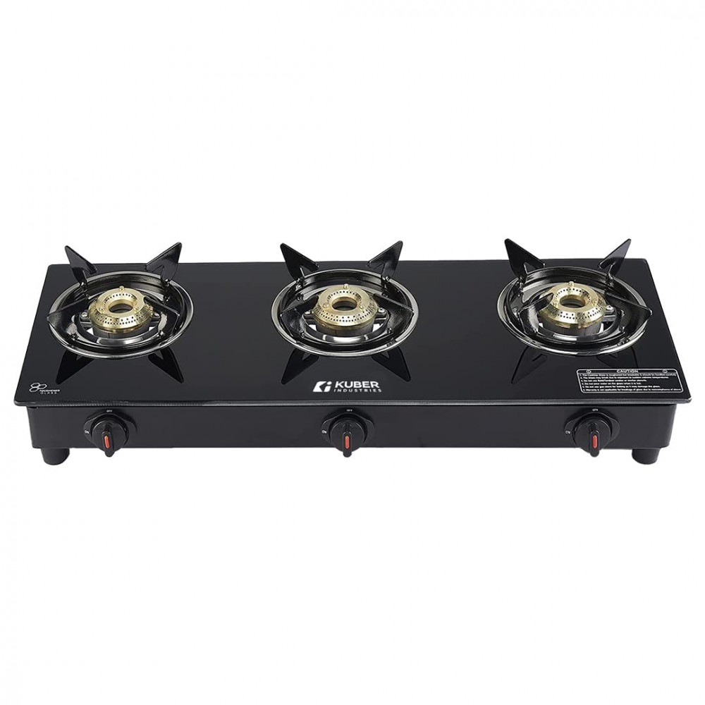 Kuber Industries Gas Stove 3 Burners | Highly Quality Glass Top, Manual Ignition &amp; Cast Iron Burner | Easy to Clean, Wobble Free Pan Support Stand | Break Resistant | Compact &amp; User-Friendly Design