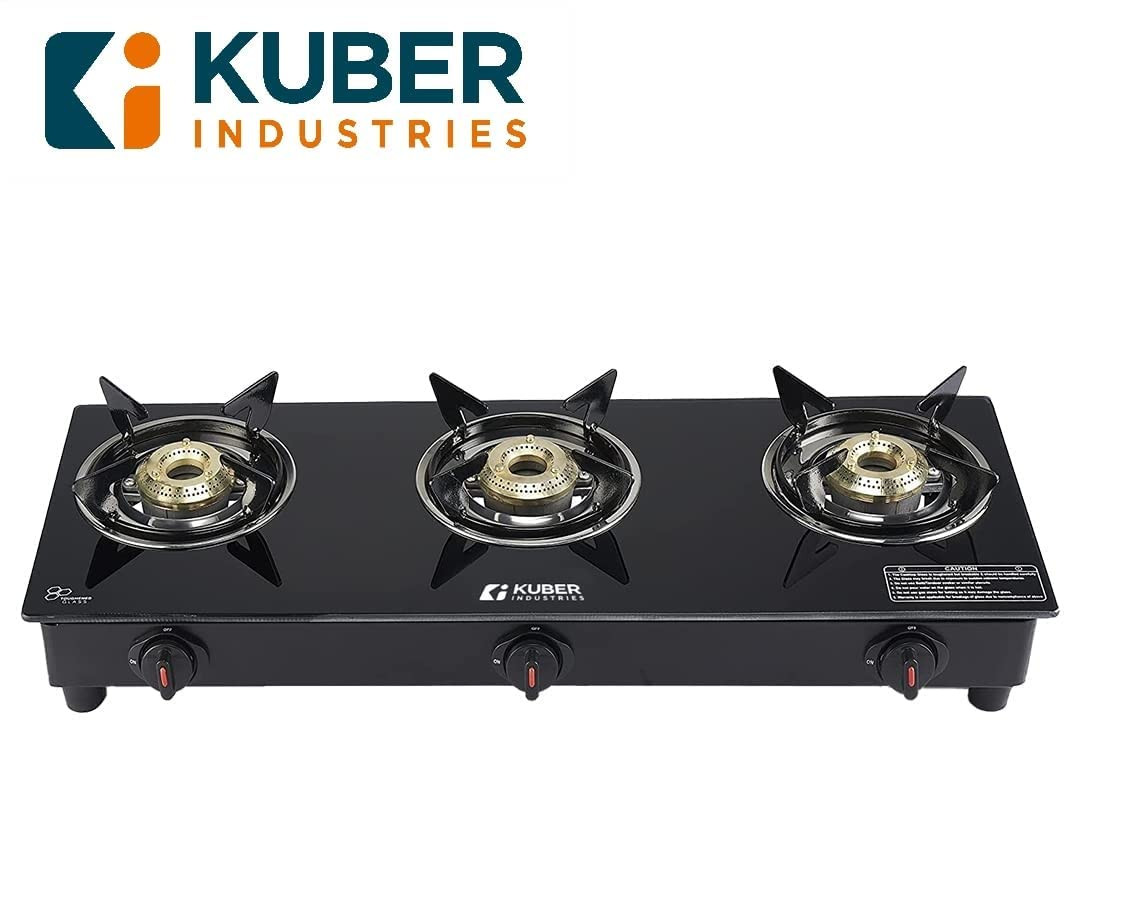 Kuber Industries Gas Stove 3 Burners | Highly Quality Glass Top, Manual Ignition & Cast Iron Burner | Easy to Clean, Wobble Free Pan Support Stand | Break Resistant | Compact & User-Friendly Design