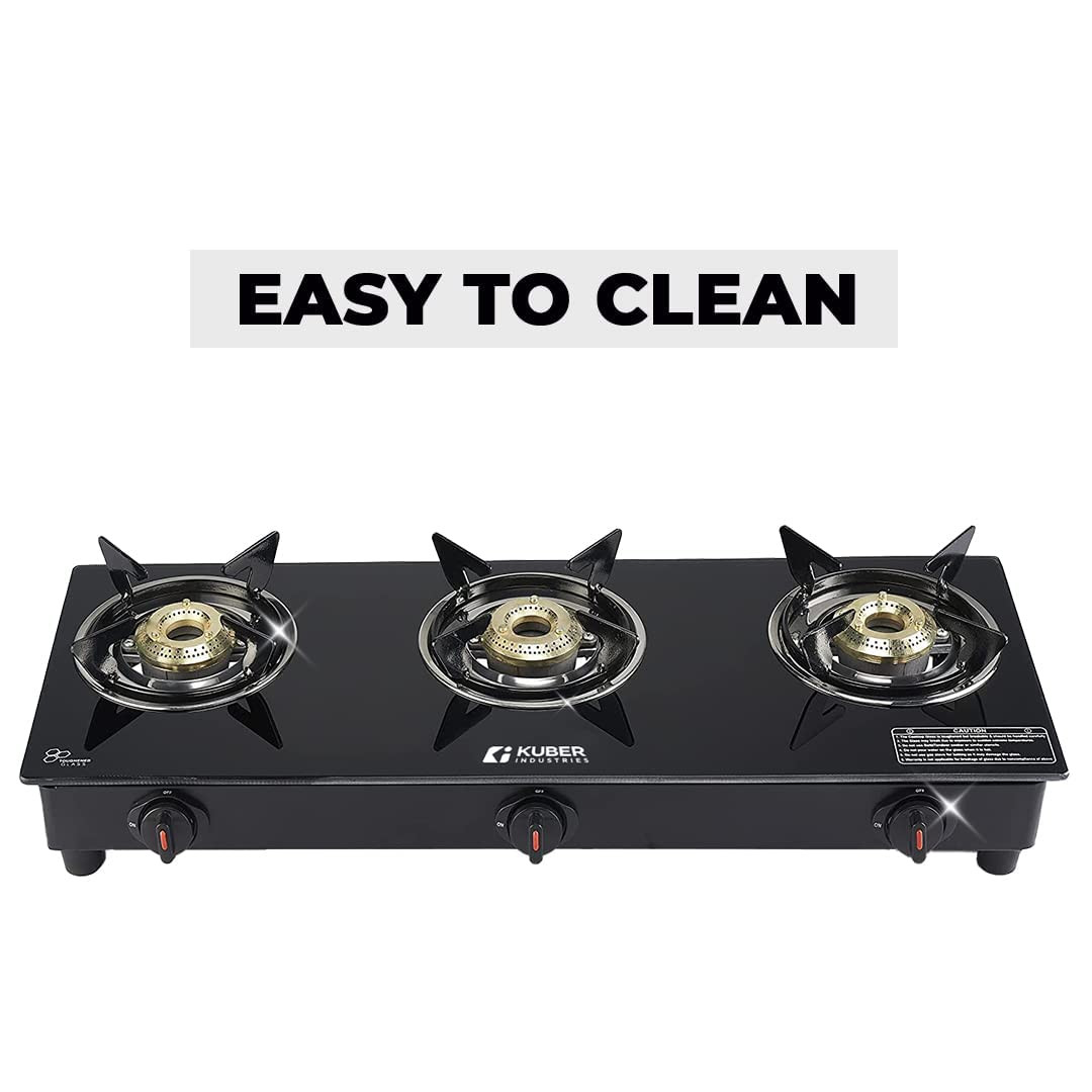 Kuber Industries Gas Stove 3 Burners | Highly Quality Glass Top, Manual Ignition & Cast Iron Burner | Easy to Clean, Wobble Free Pan Support Stand | Break Resistant | Compact & User-Friendly Design