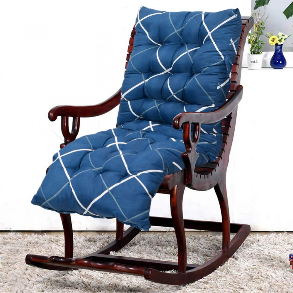 Kuber Industries Geomatric Printed Microfiber Back &amp; Seat Cushion for Indoor/Outdoor Patio Chair, Rocking Chair, Office Chair, Reclining chairs With Ties, 18*46 Inch (Blue)