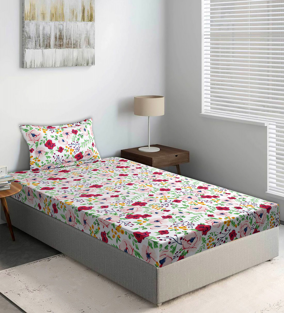 Kuber Industries Glance Cotton Red &amp; White Flower Print Single Bedsheet With 1 Pillow Cover,90x60 ,(Multicolor)