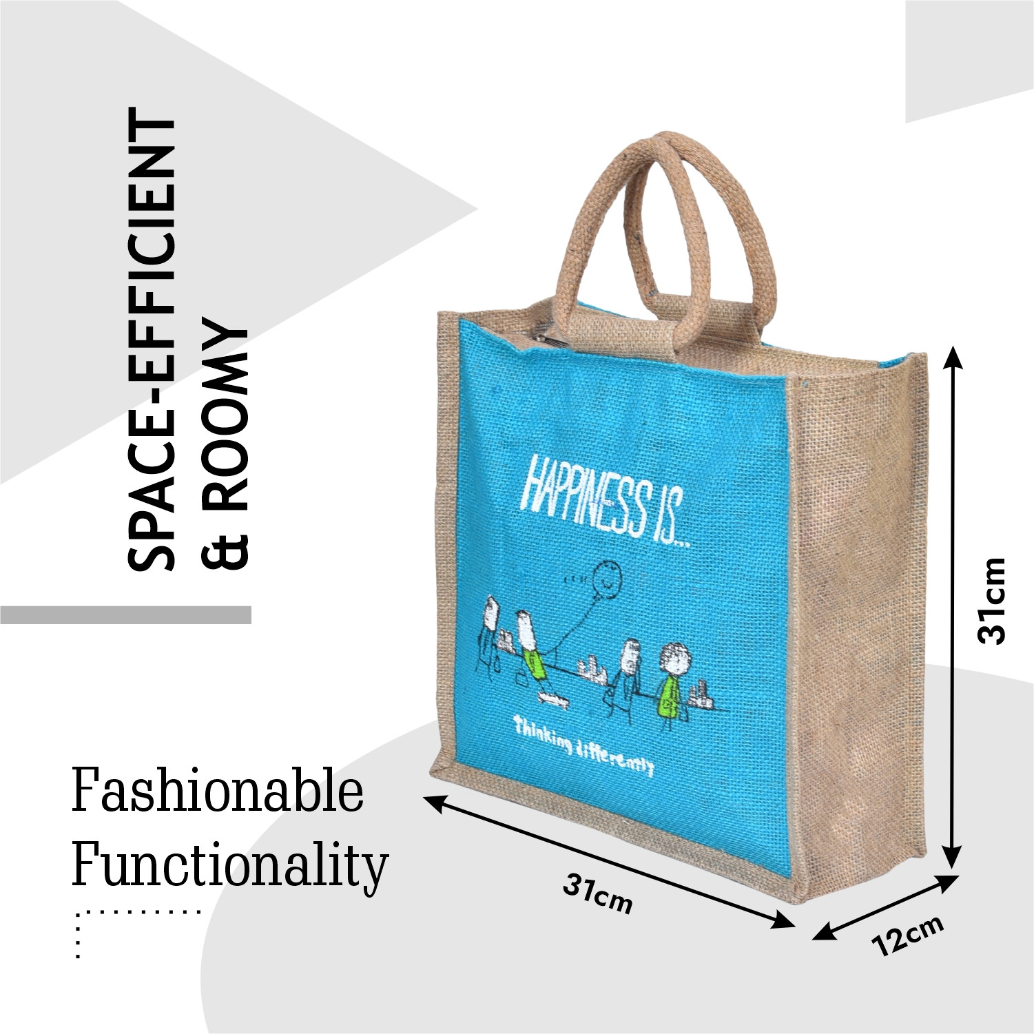 Kuber Industries Grocery Bag | Jute Carry Bag | Lunch Bags for Office | Zipper Grocery Bag with Handle | Vegetable Bag | Blue Happiness Shopping Bag | Medium | Brown