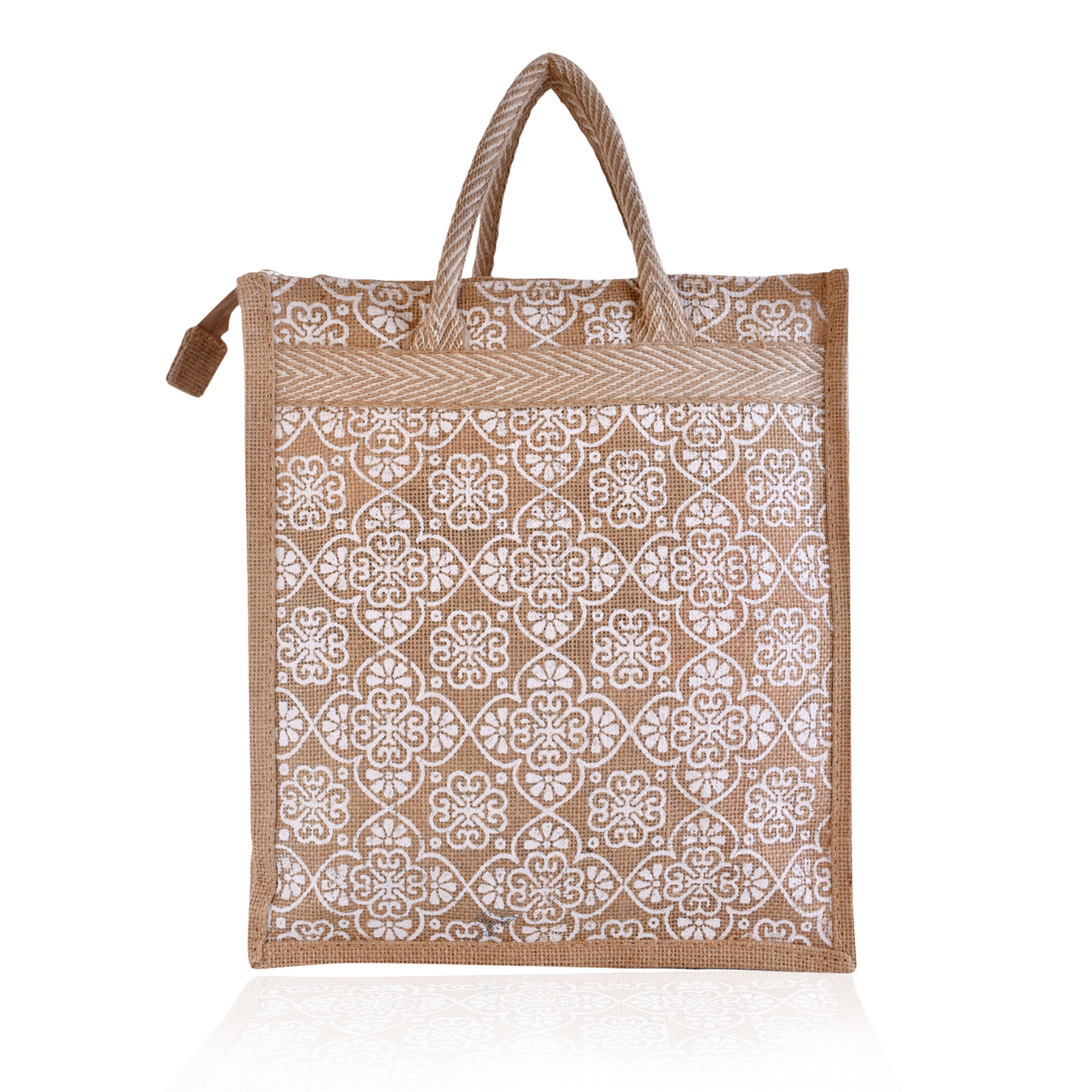 Kuber Industries Grocery Bag | Jute Carry Bag | Lunch Bags for Office | Zipper Grocery Bag with Handle | Vegetable Bag | White Flower Shopping Bag | Medium | Brown