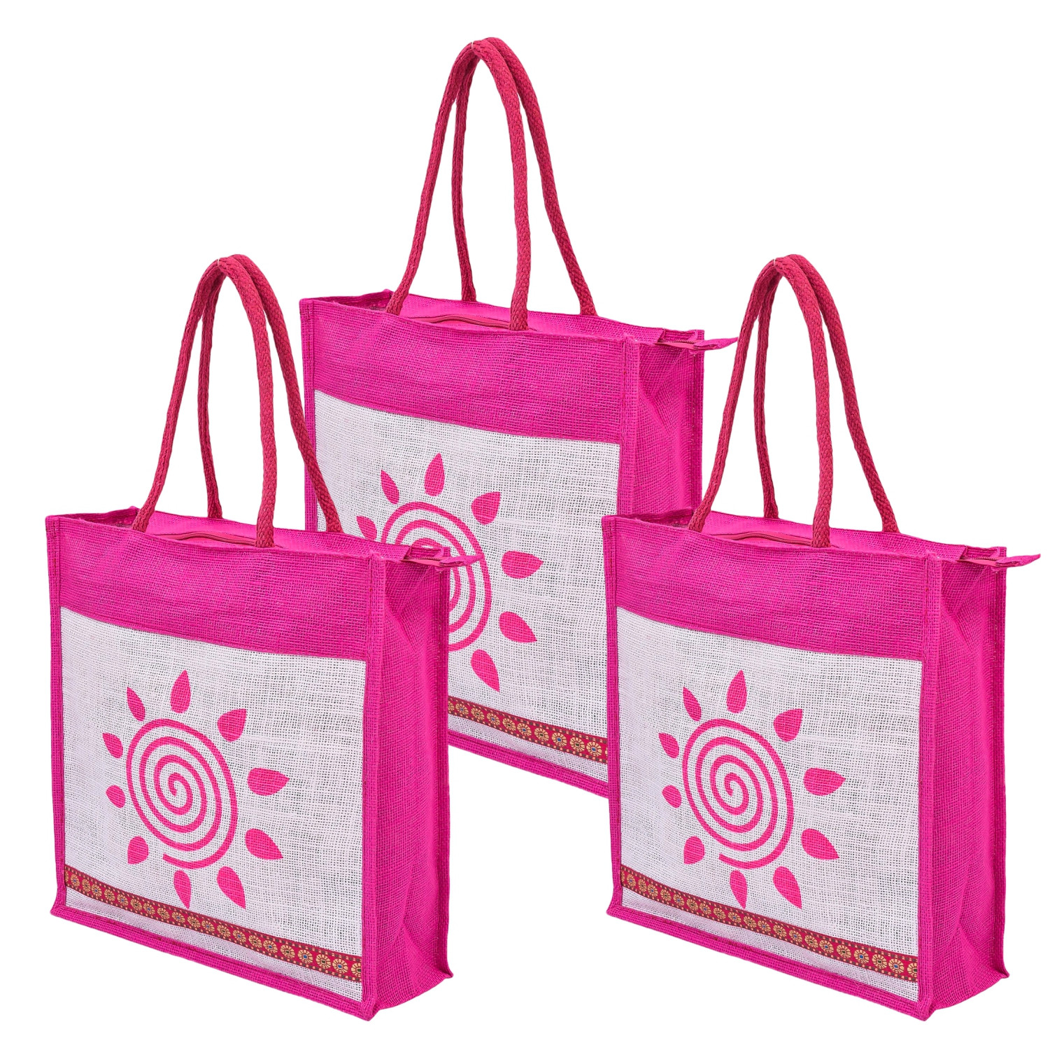 Kuber Industries Grocery Bag | Jute Carry Bag | Lunch Bags for Office | Zipper Grocery Bag with Handle | Vegetable Bag | Pink Sunflower Shopping Bag | Medium | Cream