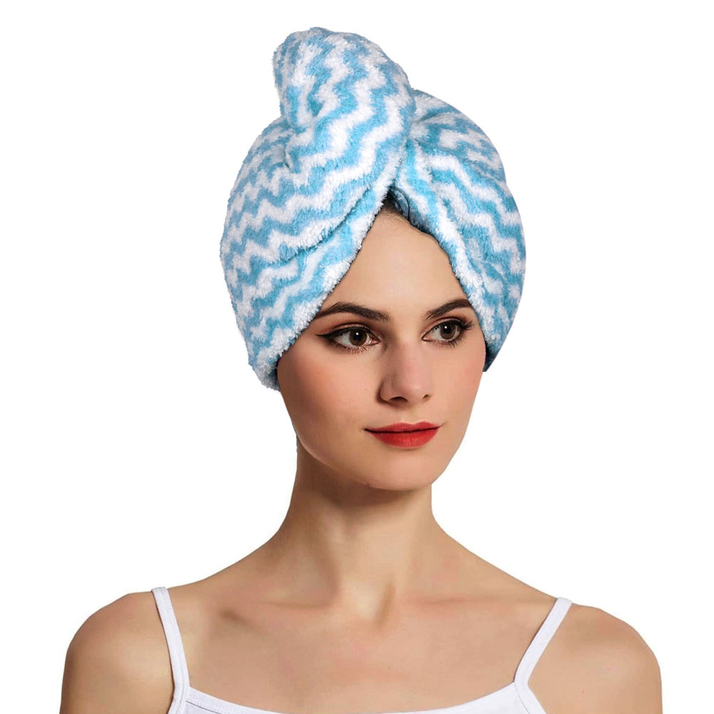 Kuber Industries Hair Wrapper | Hair-Drying Towel | Hair Bathrobe for Women &amp; Girls | Hair Dry Cap Bath Towel | Microfiber Hair Turban Towel | Quick Absorbent Hair Towel | Zig Zag | Sky Blue
