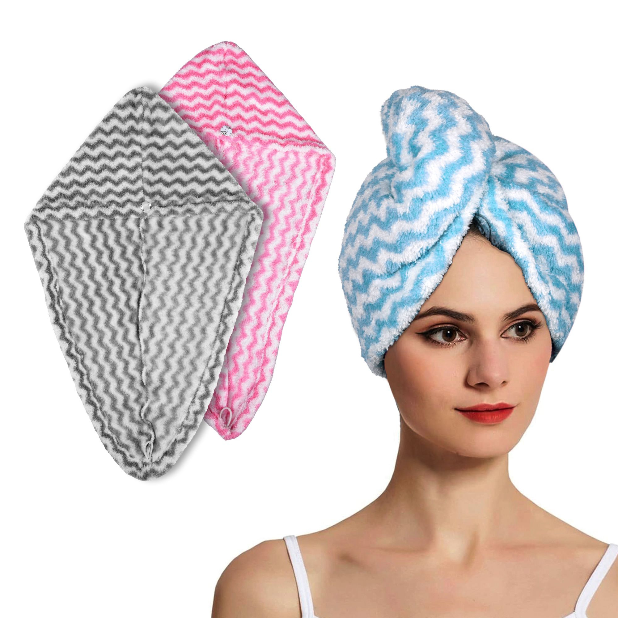 Kuber Industries Hair Wrapper | Hair-Drying Towel | Hair Bathrobe for Women & Girls | Hair Dry Cap Bath Towel | Microfiber Hair Towel | Quick Absorbent Hair Towel | Zig Zag | Pack of 3 | Multicolor