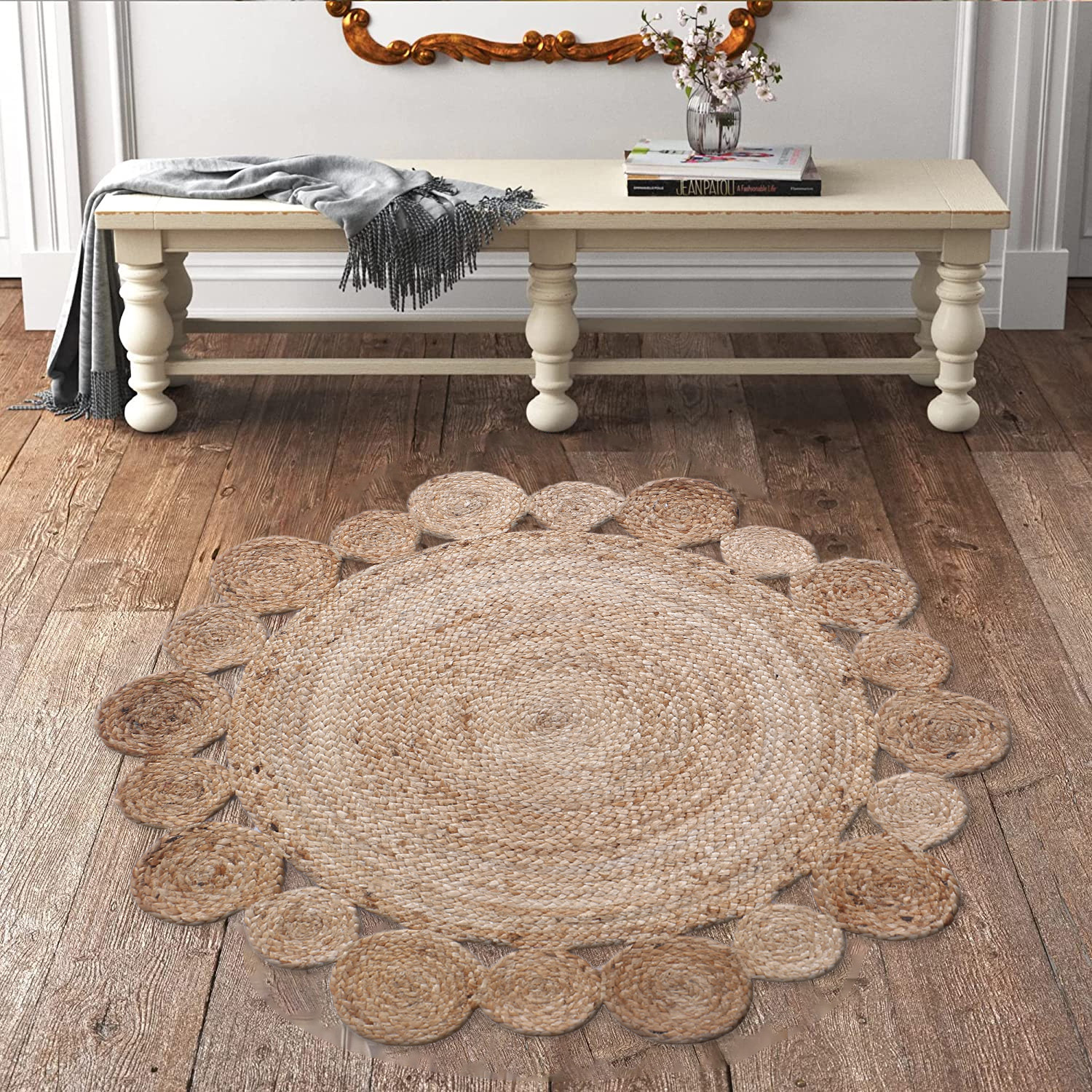 Kuber Industries Hand Woven Carpet Rugs|Natural Braided Jute Door mat|Multi Round Circle Mat For Bedroom,Living Room,Dining Room,Yoga,66x66 cm,(Brown)
