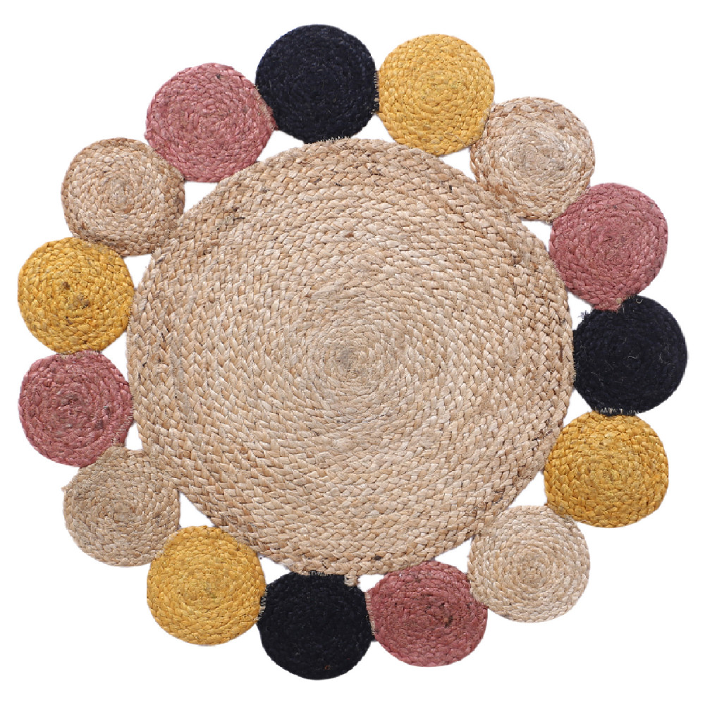 Kuber Industries Hand Woven Carpet Rugs|Natural Solid Braided Jute Door mat|Multicolor Circle Border For Bedroom,Living Room,Dining Room,Yoga,92x92 cm,(Brown)