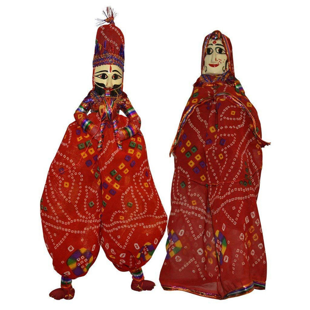 Kuber Industries Handcrafted Wood Folk Puppets Pair|Kathputli|Rajasthani Dolls Art For Cultural Program &amp; Home Décor (Red)