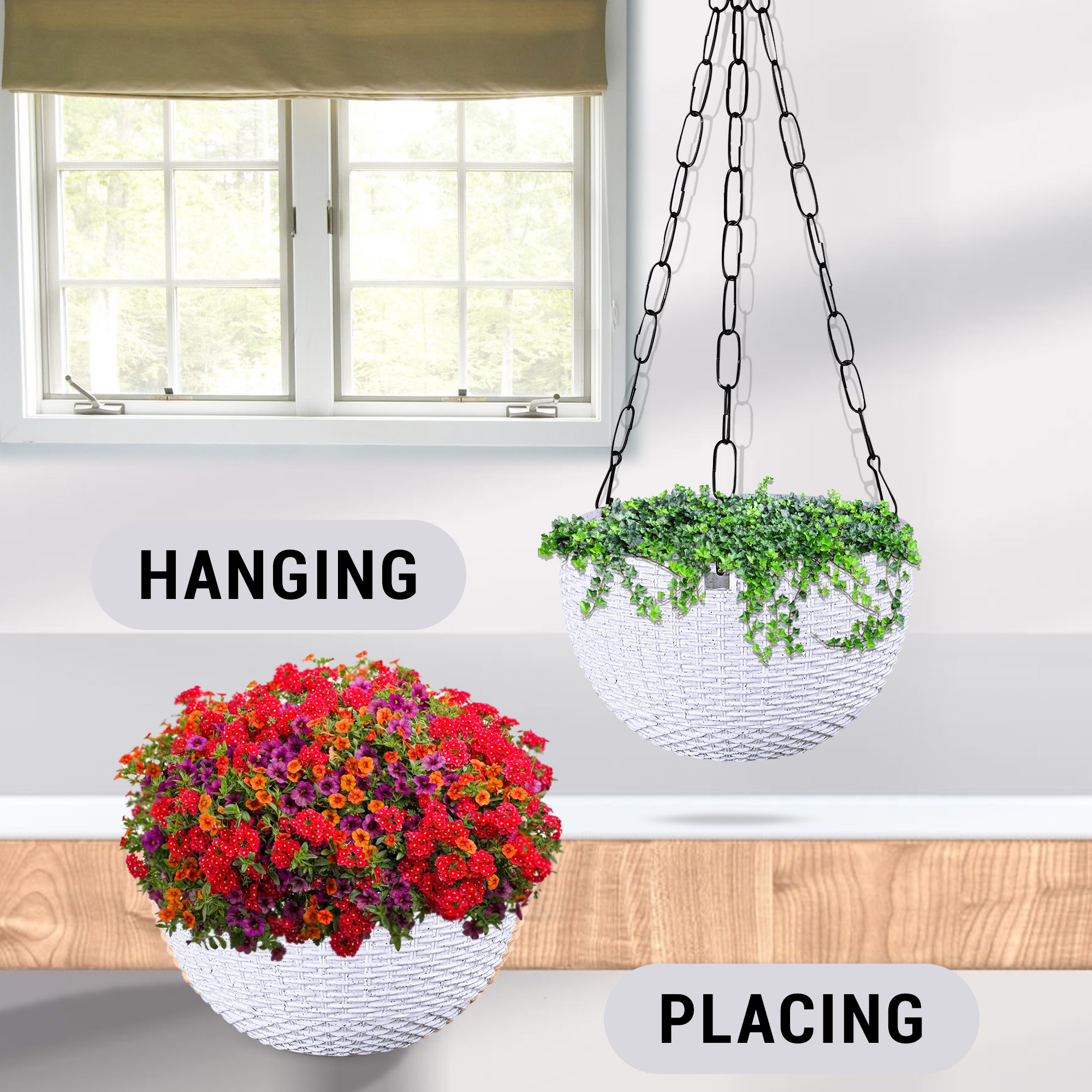 Kuber Industries Hanging Flower Pot  | Hanging Flower Pot for Living Room | Hanging Pot for Home-Lawns & Gardening | Flower Planter for Balcony | Marble Euro | 7 Inch | White