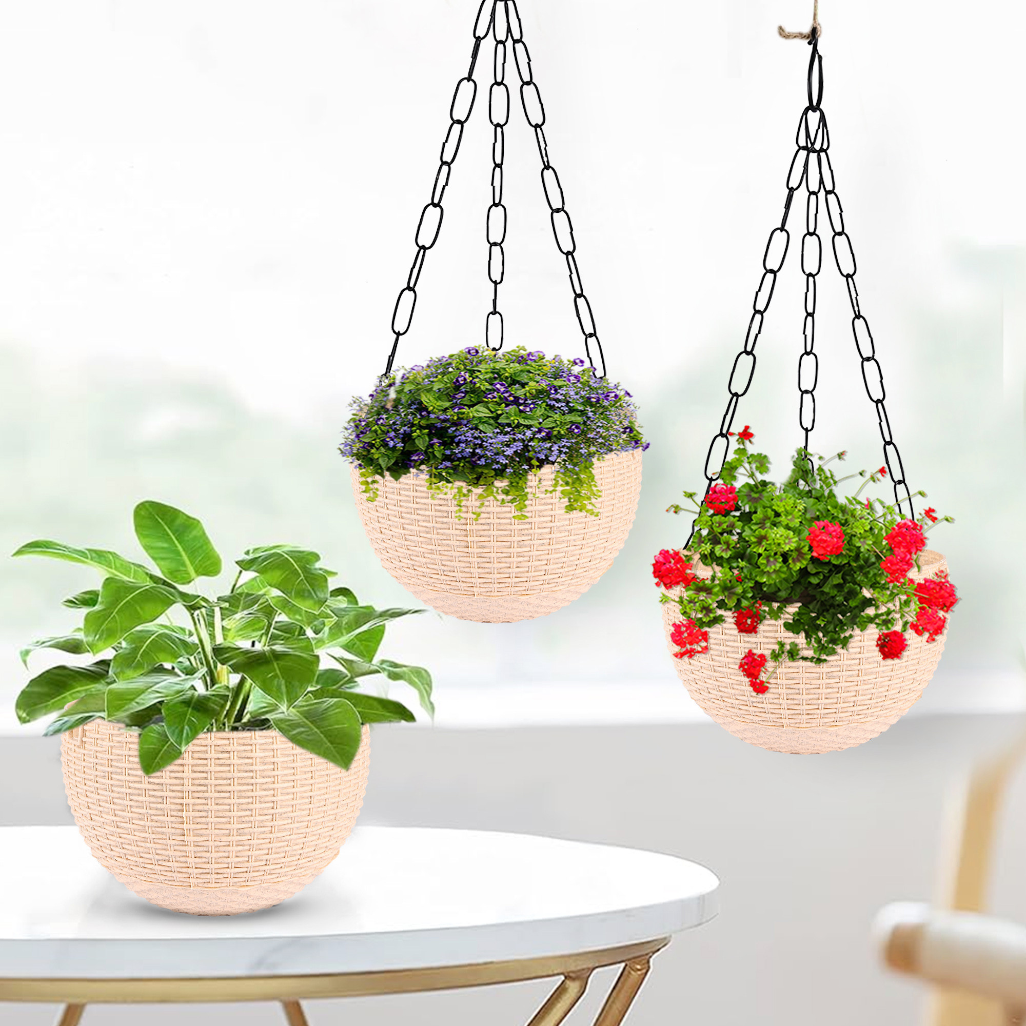 Kuber Industries Hanging Flower Pot  | Hanging Flower Pot for Living Room | Hanging Pot for Home-Lawns & Gardening | Flower Planter for Balcony | Marble Euro | 7 Inch | Beige