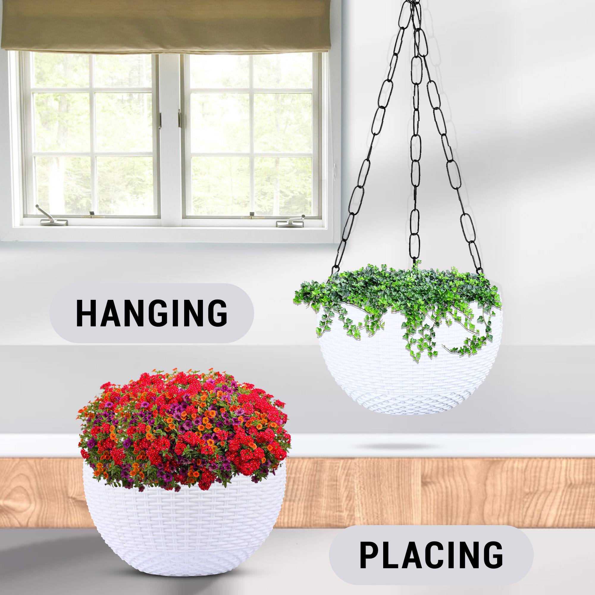 Kuber Industries Hanging Flower Pot  | Hanging Flower Pot for Living Room | Hanging Pot for Home-Lawns & Gardening | Flower Planter for Balcony | Plain Euro | 7 Inch | White