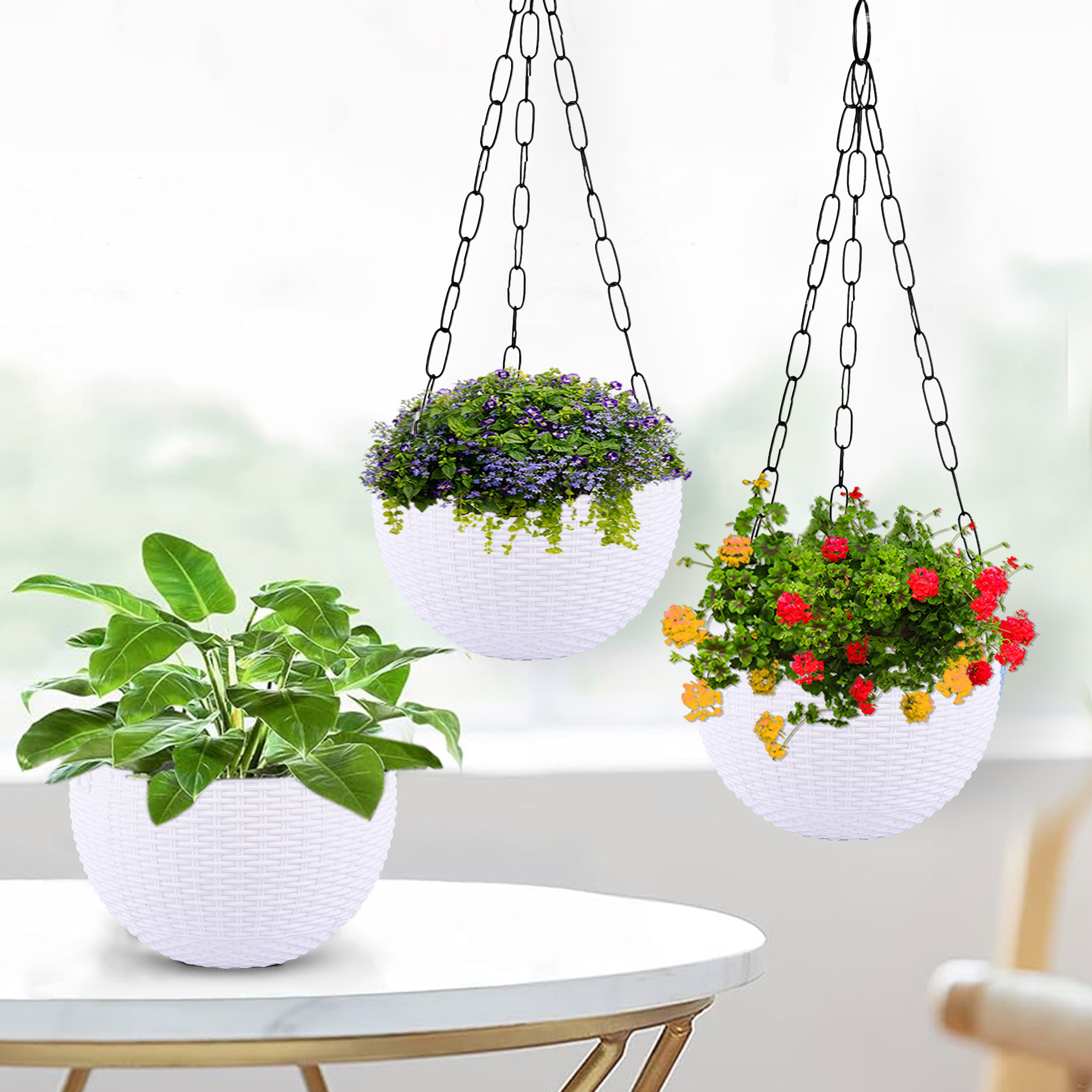 Kuber Industries Hanging Flower Pot  | Hanging Flower Pot for Living Room | Hanging Pot for Home-Lawns & Gardening | Flower Planter for Balcony | Plain Euro | 7 Inch | White
