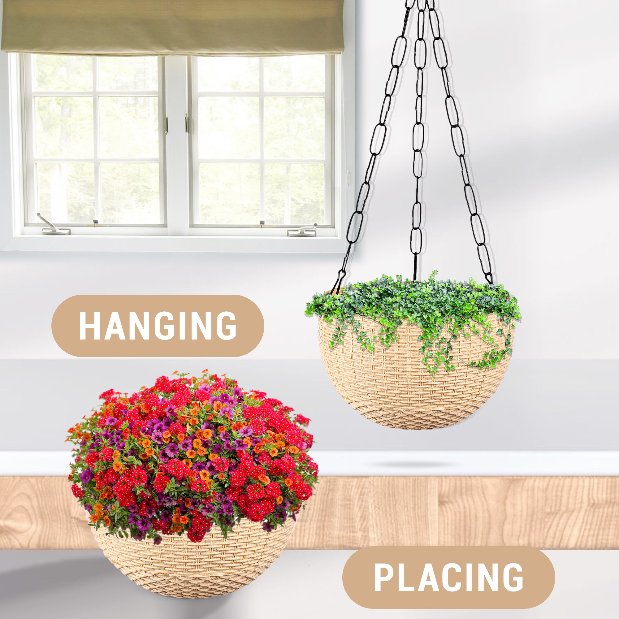 Kuber Industries Hanging Flower Pot  | Hanging Flower Pot for Living Room | Hanging Pot for Home-Lawns & Garden | Flower Planter for Balcony | Marble Euro | 7 Inch | Beige & Mint Green