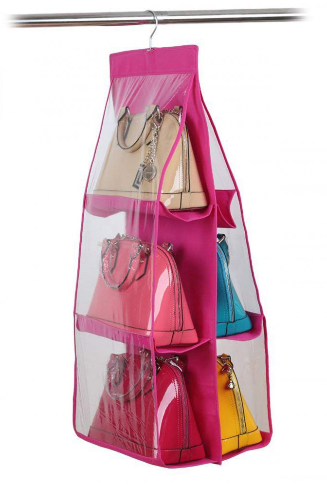 Kuber Industries Hanging Handbag Organizer Dust-Proof Storage Holder Bag Wardrobe Closet for Purse Clutch Handbag with 6 Large Compartments &amp; Hanger (Pink)-HS_38_KUBMART21109