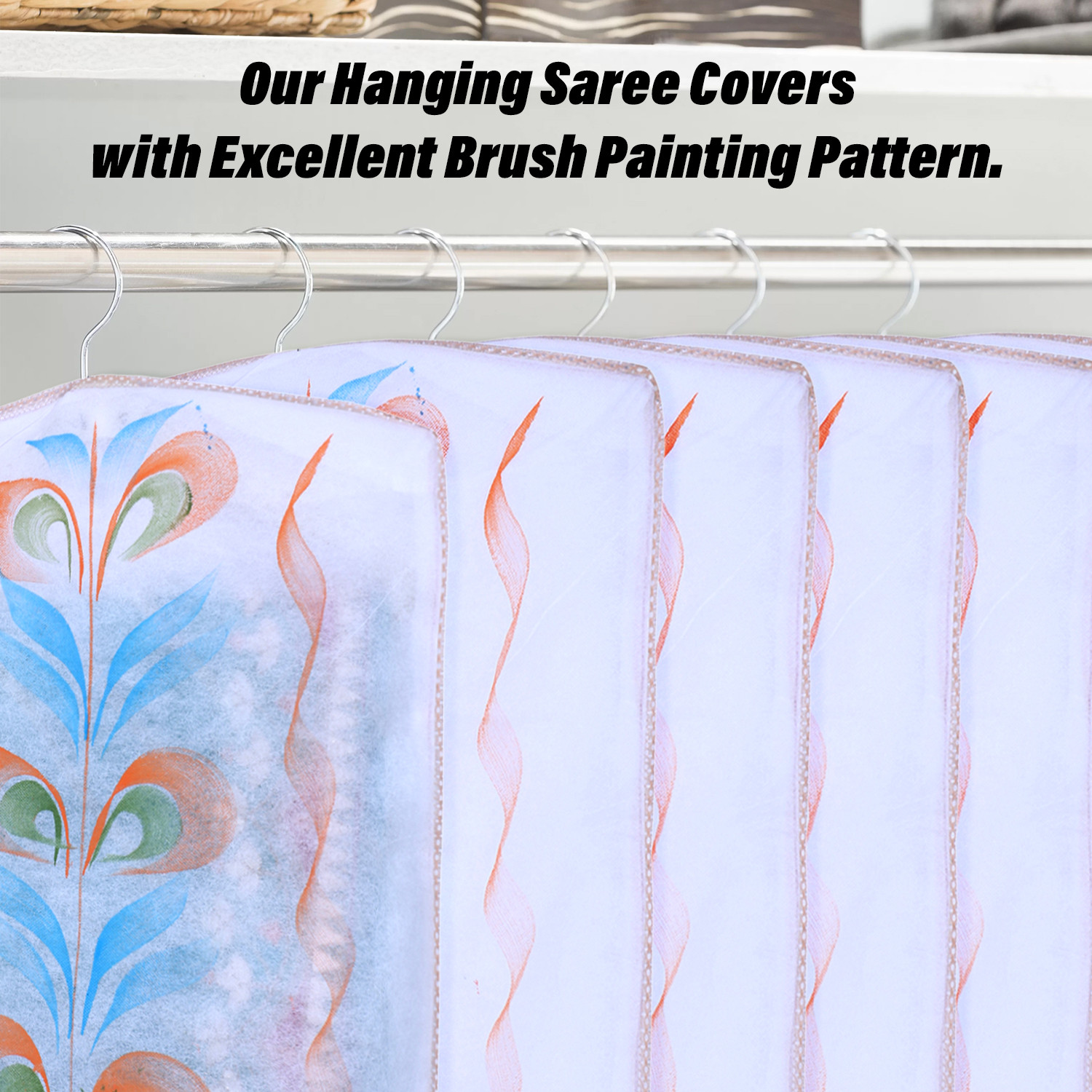 Kuber Industries Hanging Saree Cover | Brush Painting Pattern Saree Cover | Non-Woven Saree Covers for Home | Saree Cover with Small Transparent view |  Peach