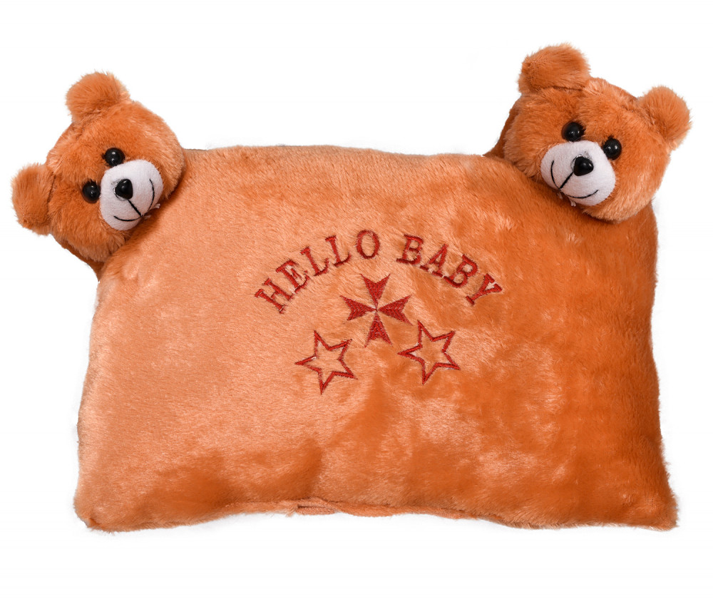 Kuber Industries Hello Teddy Design Baby Pillow|Velvet Super soft Kids Pillow For Sleeping &amp; Travel,12 x 18 Inch,(Orange)
