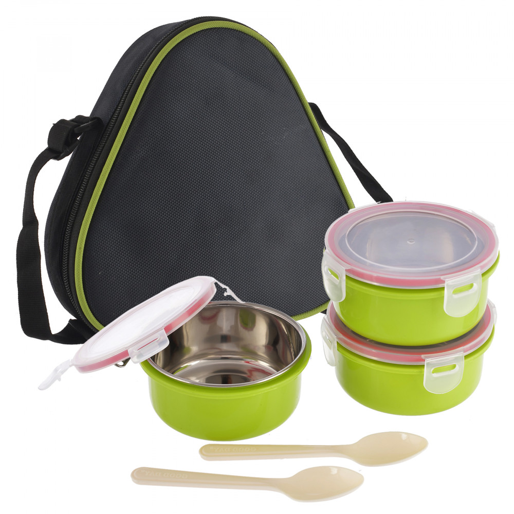 Kuber Industries Inner Steel 3 Container &amp; 2 Plastic Spoon Lunch Box Set With Lock Lid &amp; Bag Cover (Green)-HS42KUBMART25121