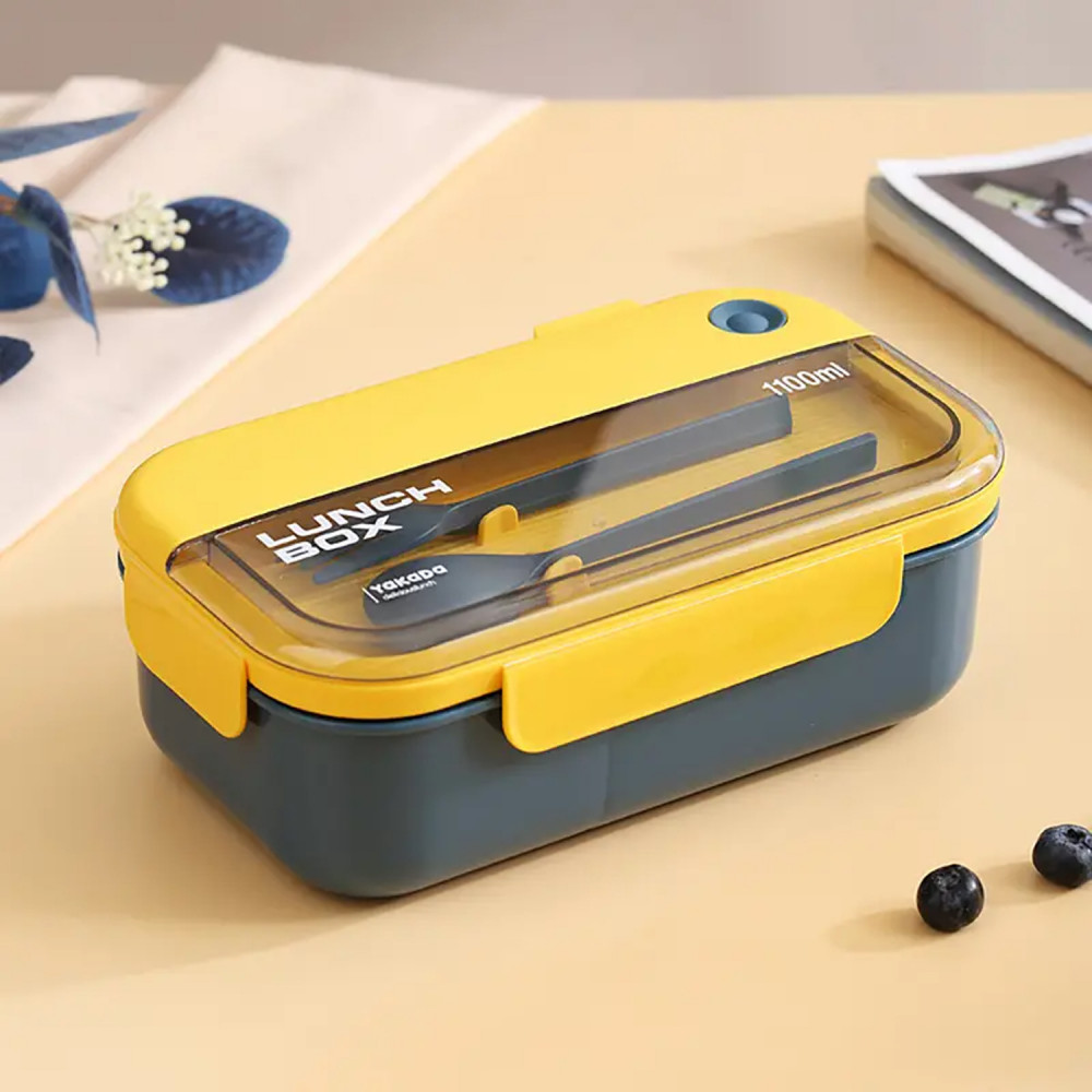 Kuber Industries Insulated Lunch Box For Kids &amp; Adults|Premium Food-Grade PP Plastic|Leakproof &amp; Spill Proof|Dishwasher &amp; Microwave Safe Lunch Box|1100 ML|HX0043128|Yellow &amp; Blue