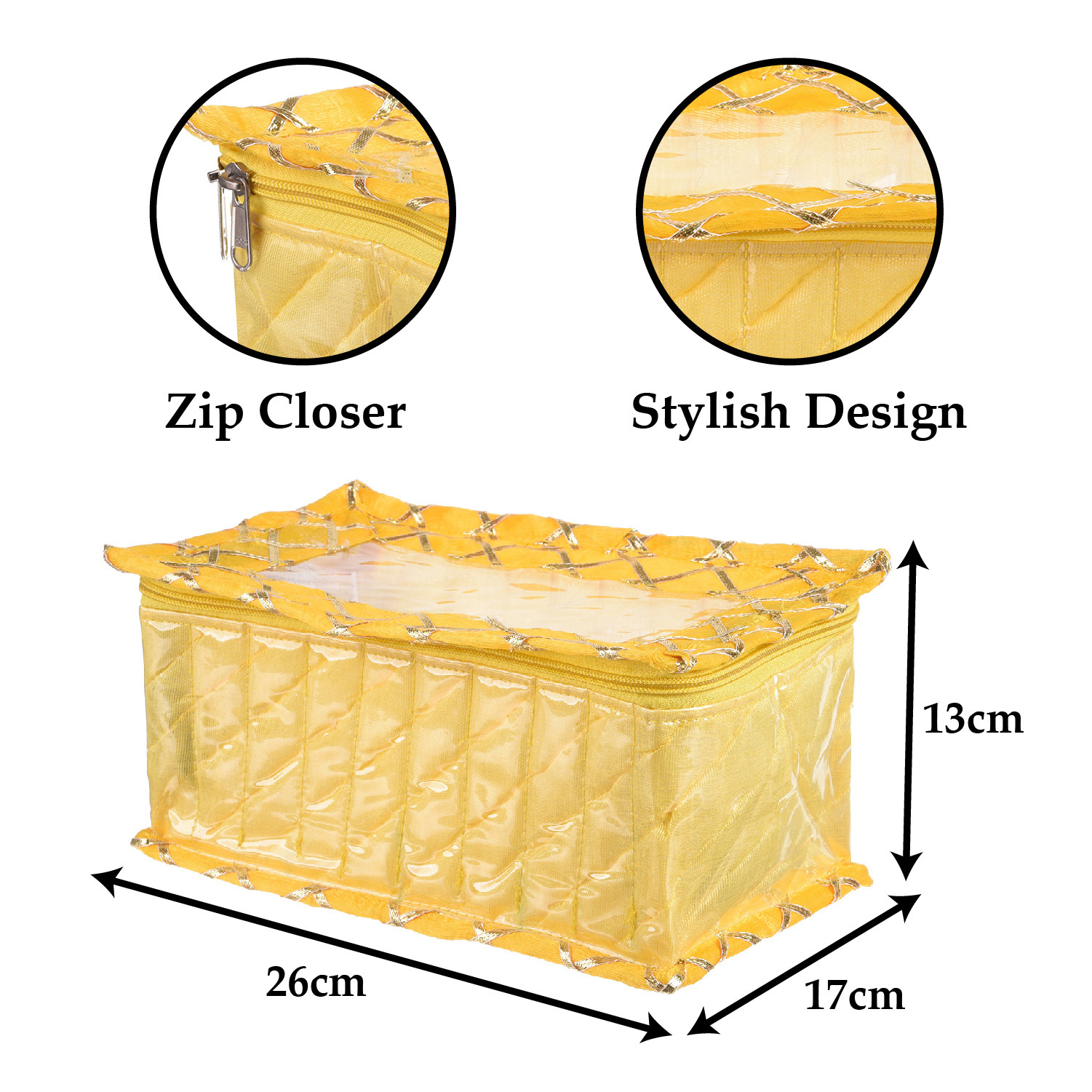 Kuber Industries Jewellery Box | PVC Laminated Gota Check Design Jewellery Kit For Woman | 10 Compartment & Pouches Cosmatic Bag with Transparent Top | Yellow
