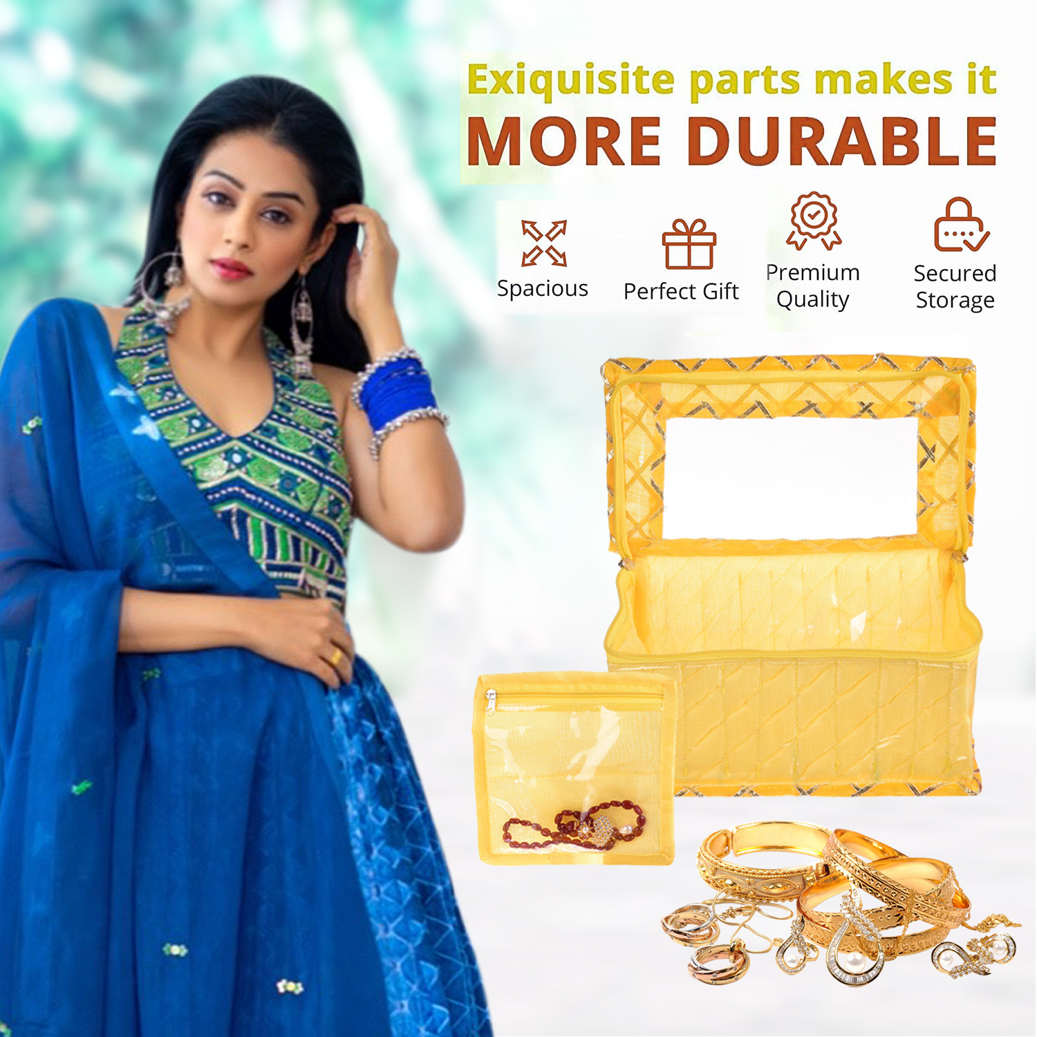 Kuber Industries Jewellery Box | PVC Laminated Gota Check Design Jewellery Kit For Woman | 10 Compartment & Pouches Cosmatic Bag with Transparent Top | Yellow