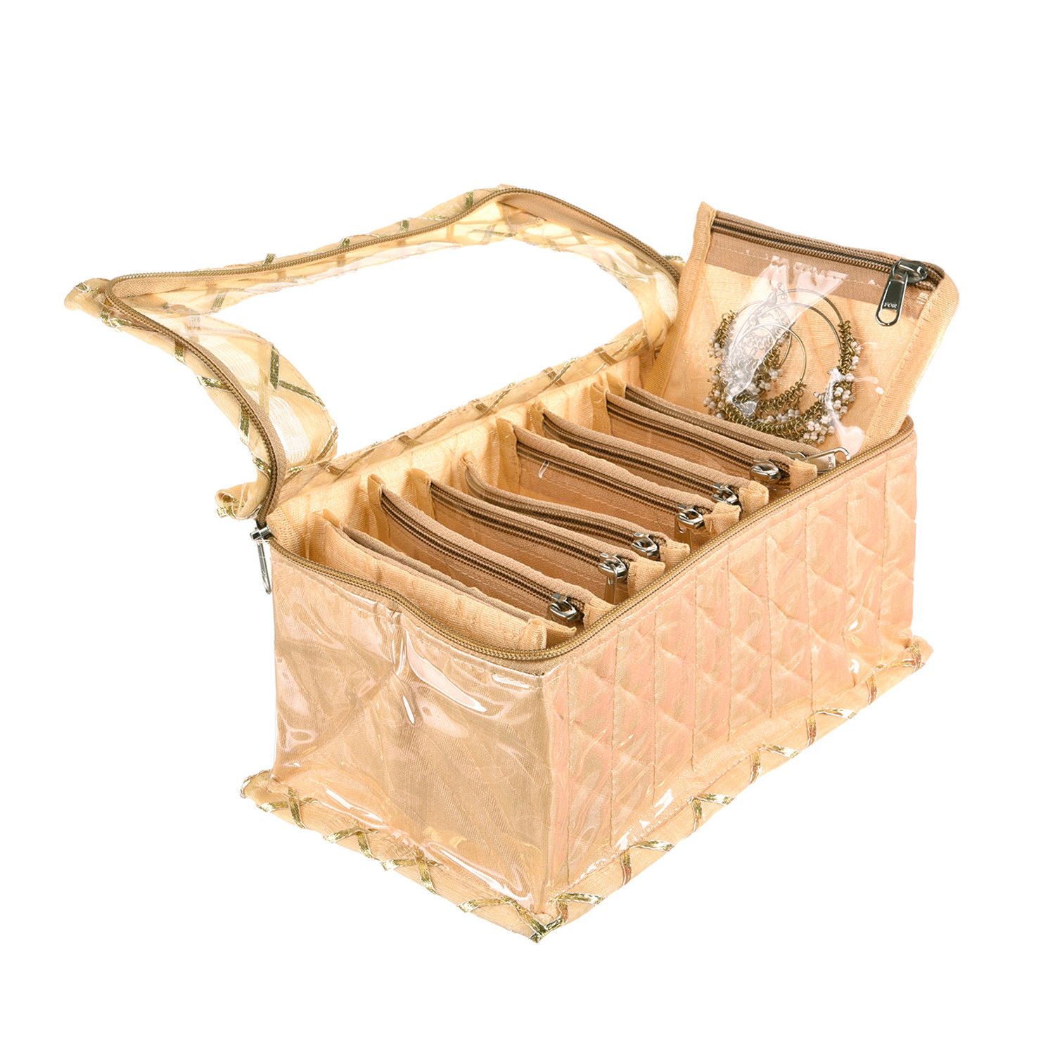 Kuber Industries Jewellery Box | PVC Laminated Gota Check Design Jewellery Kit For Woman | 10 Compartment & Pouches Cosmatic Bag with Transparent Top | Cream