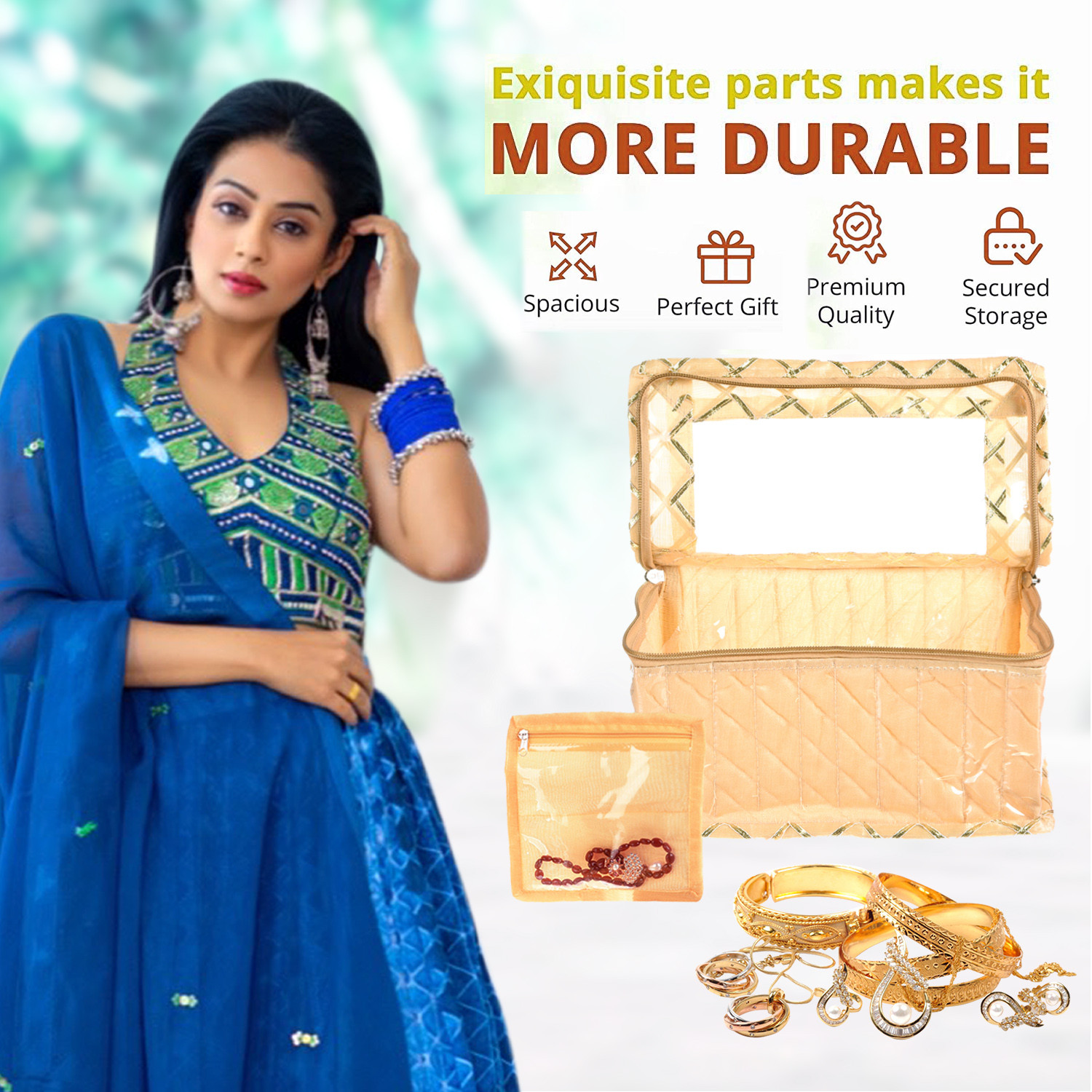 Kuber Industries Jewellery Box | PVC Laminated Gota Check Design Jewellery Kit For Woman | 10 Compartment & Pouches Cosmatic Bag with Transparent Top | Cream