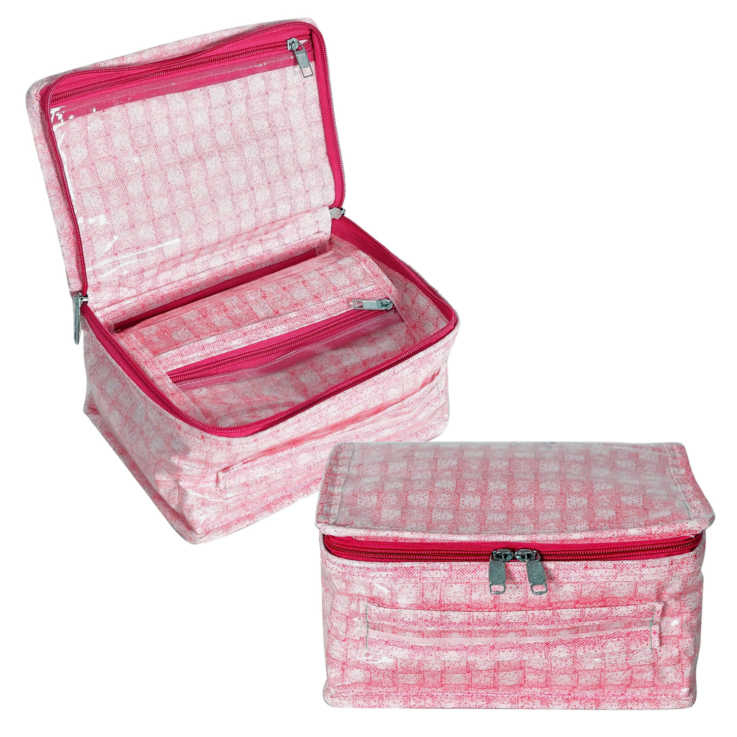 Kuber Industries Jewellery Kit | Check Design Vanity Box for woman | Laminated Jewellery Kit for woman | Jewellery Kit with 8 Transparent Pouch | Pink