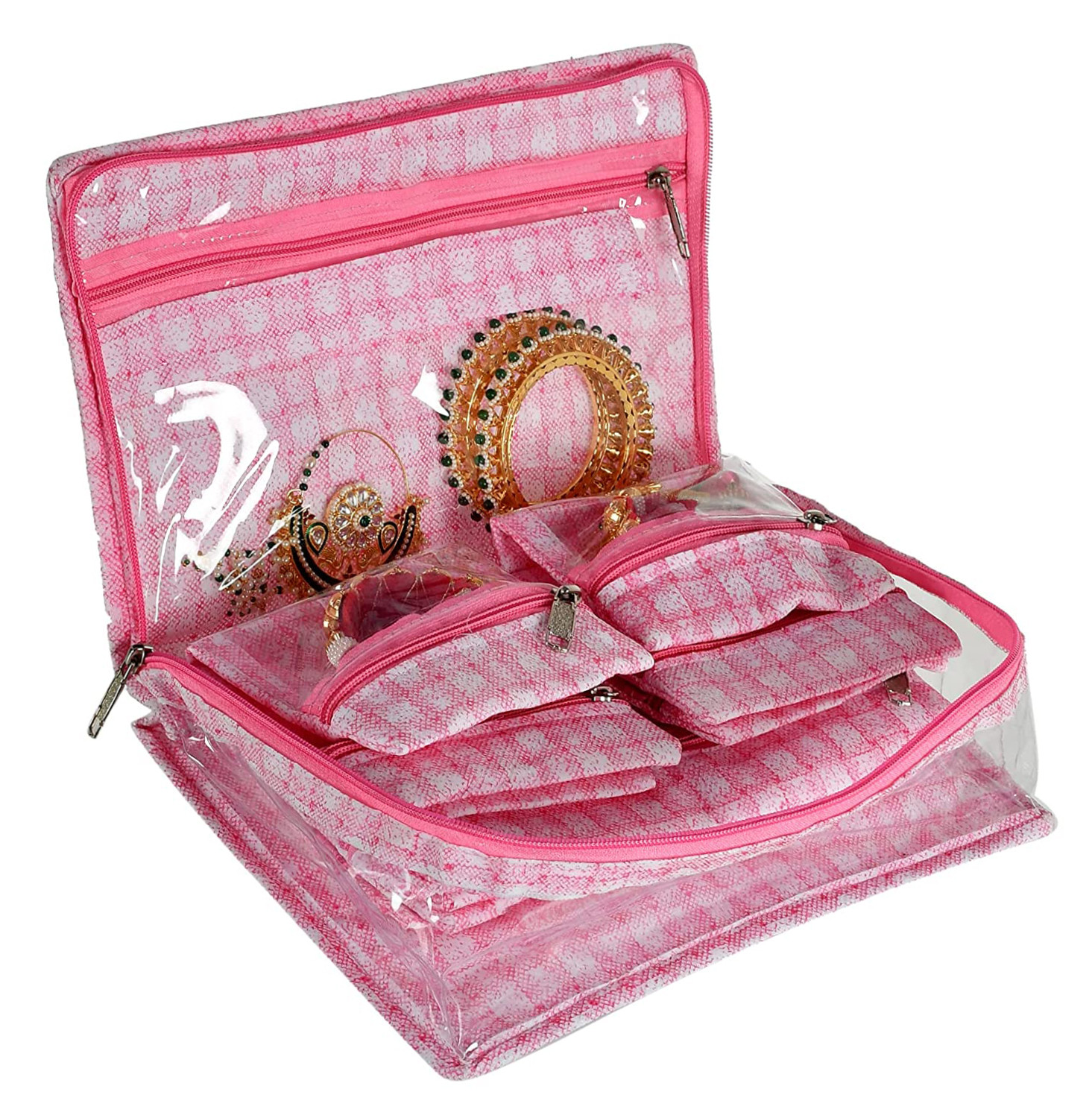 Kuber Industries Jewellery Kit | Check Design Vanity Box for woman | Laminated Jewellery Kit for woman | Jewellery Kit with 13 Transparent Pouch | Pink