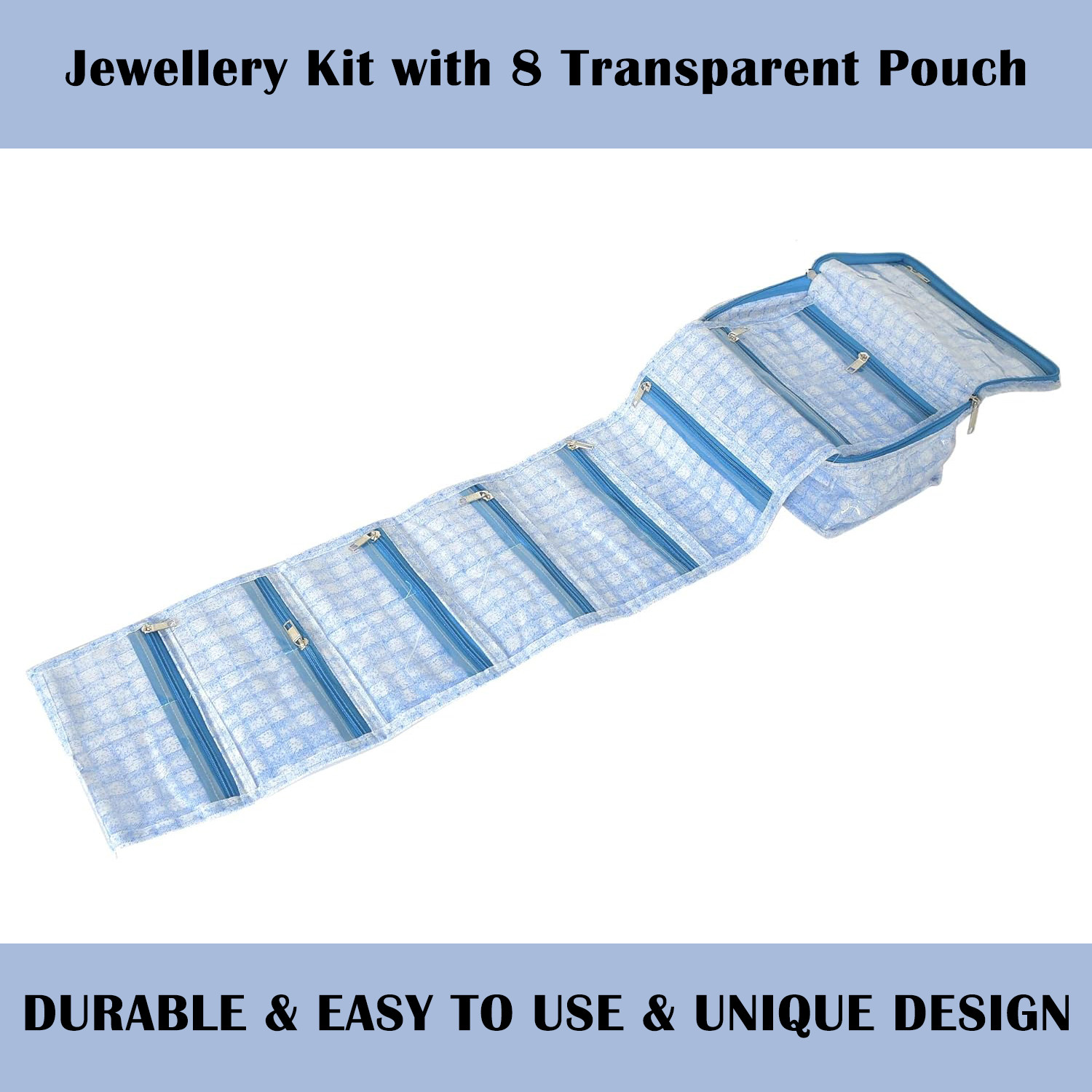 Kuber Industries Jewellery Kit | Check Design Vanity Box for woman | Laminated Jewellery Kit for woman | Jewellery Kit with 8 Transparent Pouch | Blue