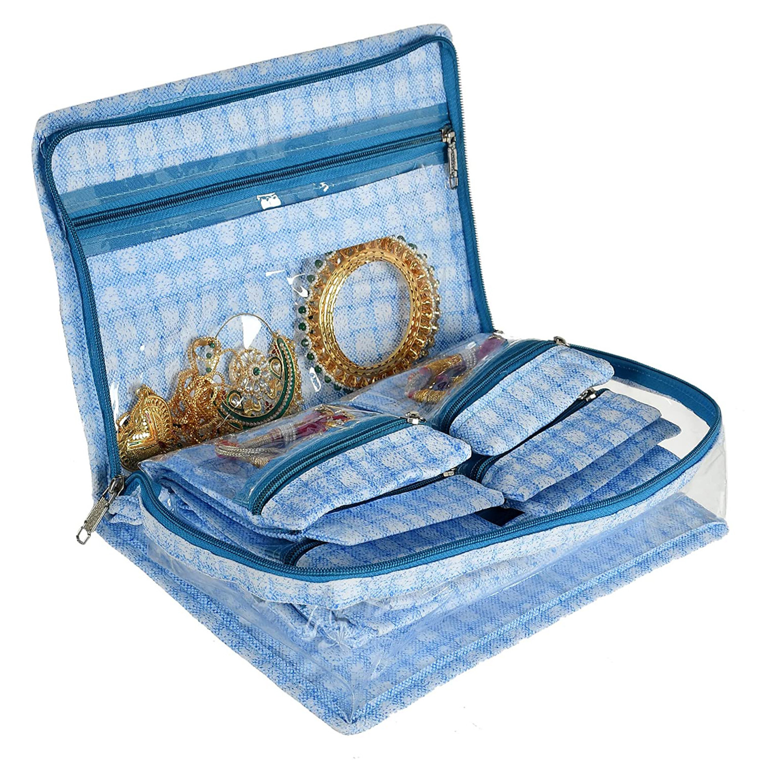 Kuber Industries Jewellery Kit | Check Design Vanity Box for woman | Laminated Jewellery Kit for woman | Jewellery Kit with 13 Transparent Pouch | Blue