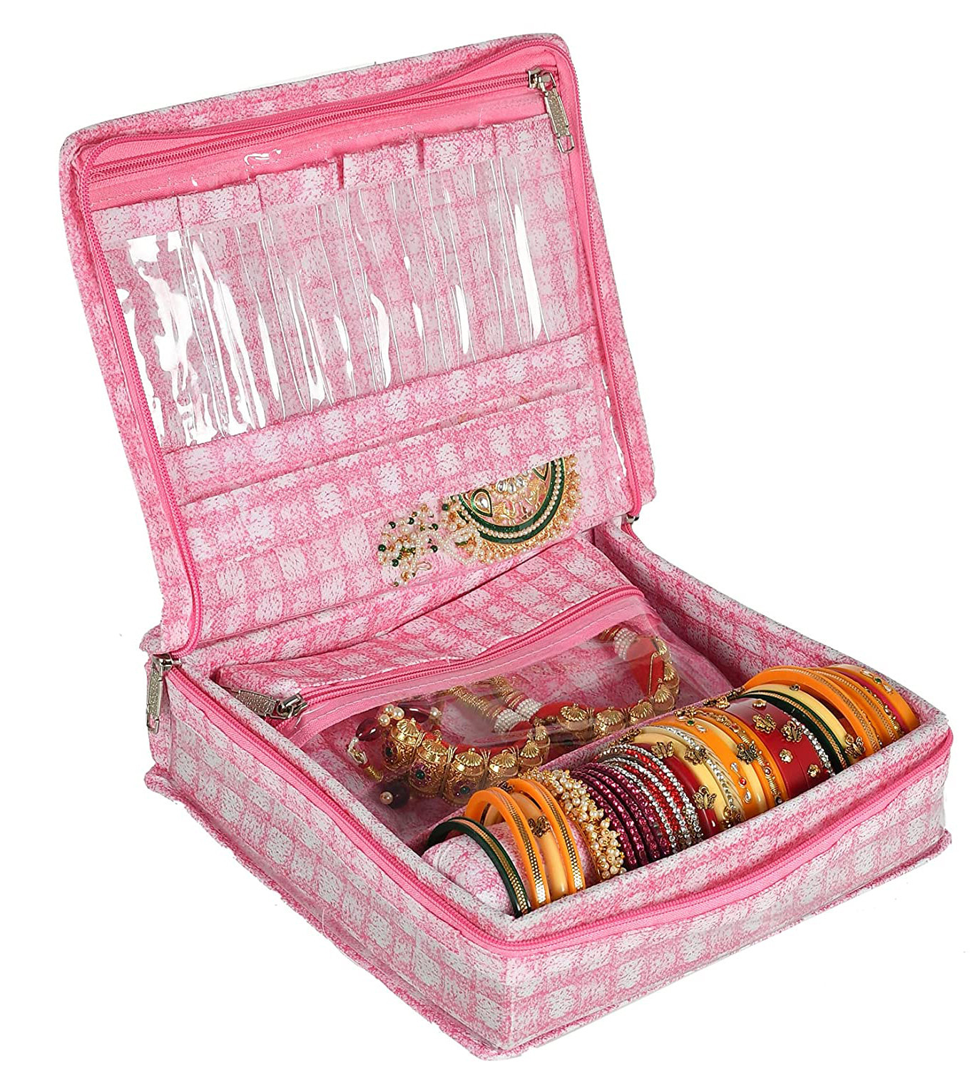 Kuber Industries Jewellery Kit | Check Design Vanity Box for woman | Laminated Jewellery Kit with Support | Jewellery Kit with 5 Pouch & Bangle Roll | Pink