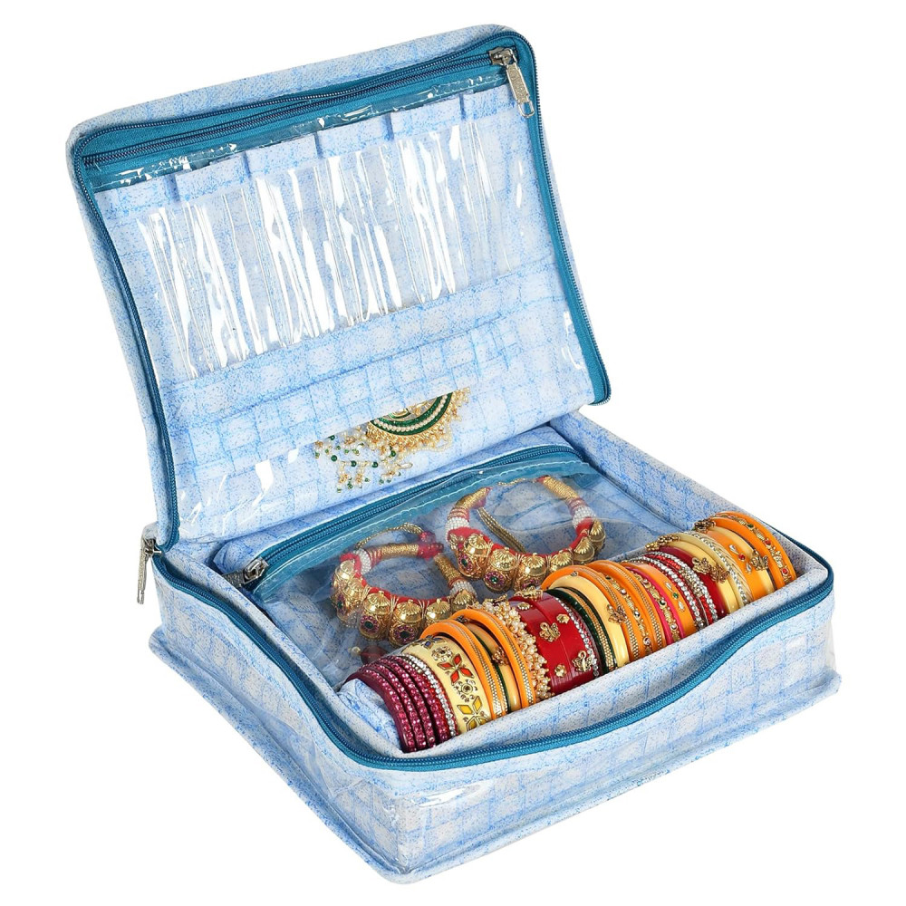 Kuber Industries Jewellery Kit | Check Design Vanity Box for woman | Laminated Jewellery Kit with Support | Jewellery Kit with 5 Pouch &amp; Bangle Roll | Blue