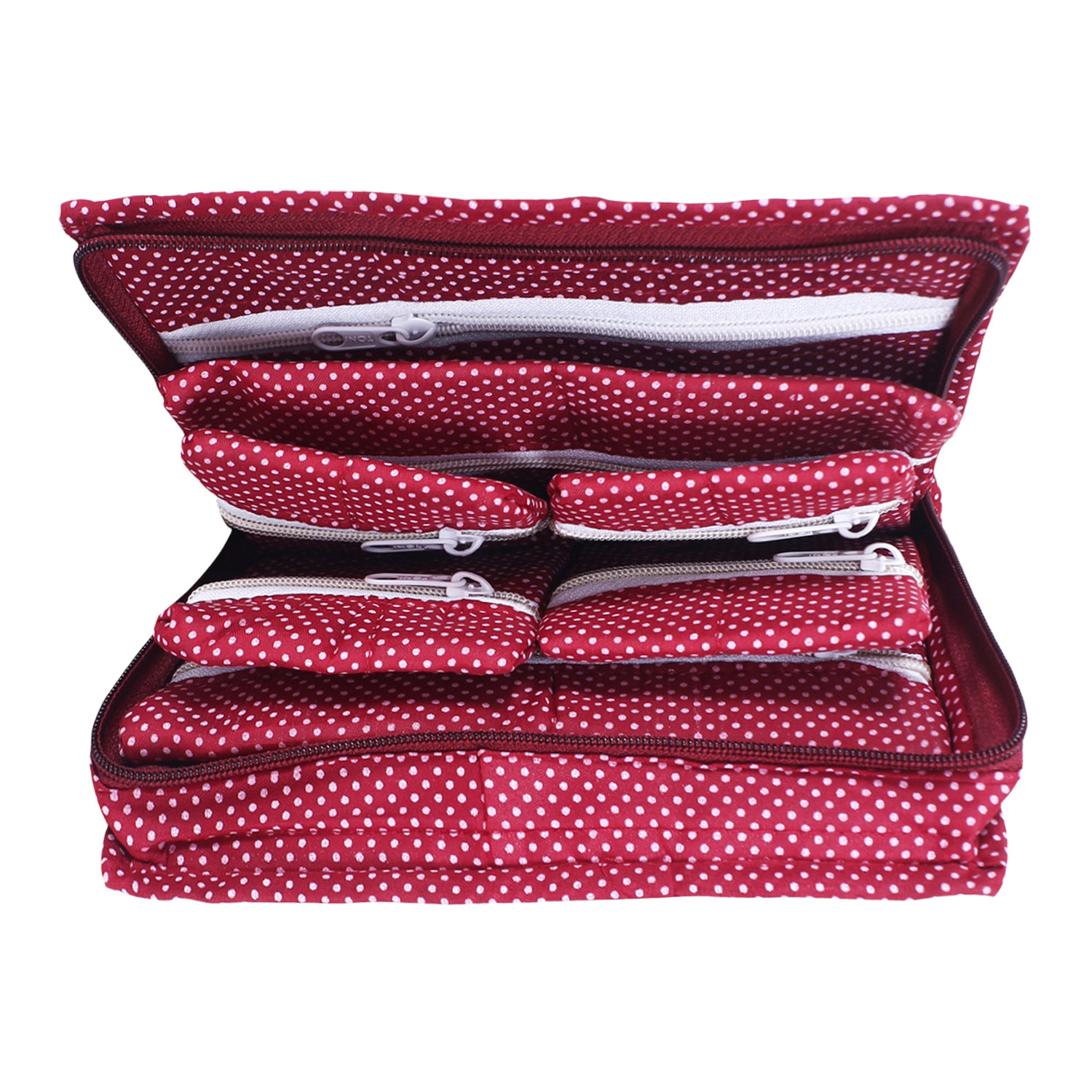 Kuber Industries Jewellery Kit | Cotton Bow Dot Print Travel Kit | 7 Pouch Jewellery Storage Kit | Makeup Organizer for Woman | Maroon